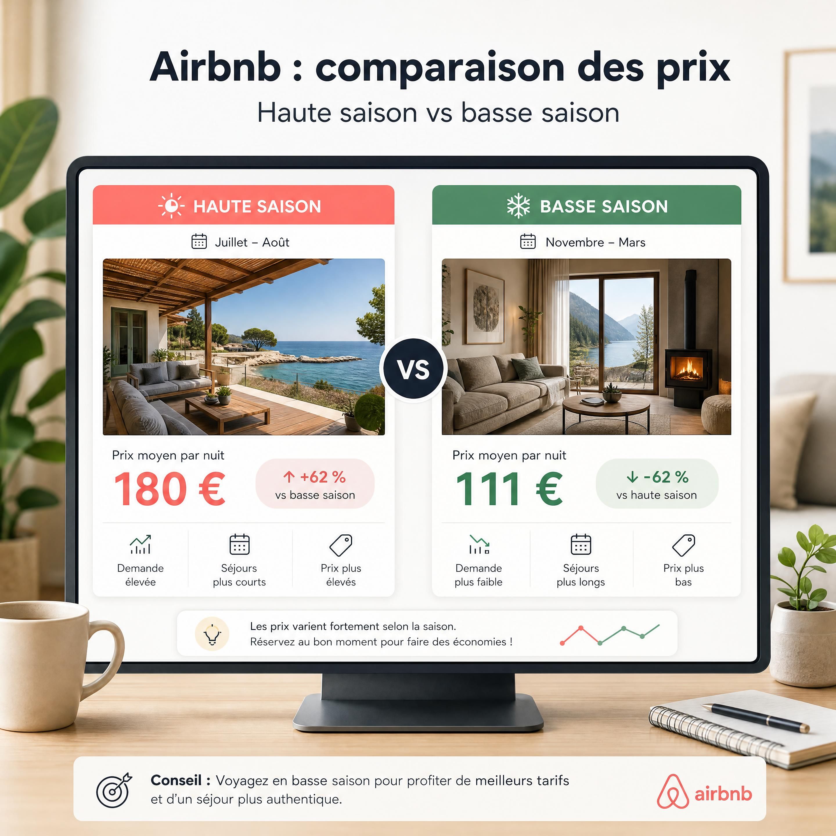 écran montrant une comparaison de prix Airbnb entre haute saison et basse saison
