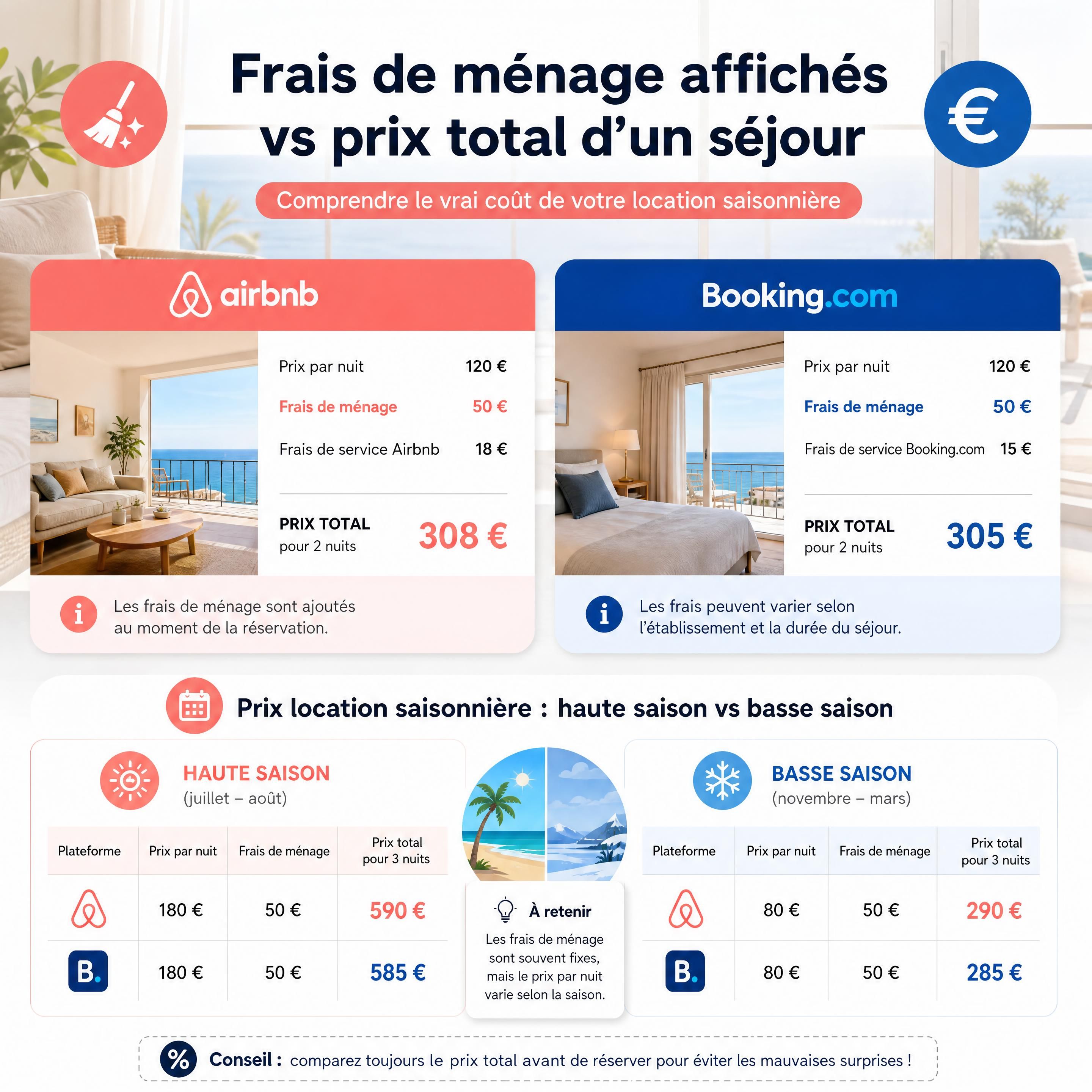comparaison entre frais de ménage affichés et prix total d’un séjour sur Airbnb et Booking.com – mot-clé secondaire : prix location saisonnière haute saison basse saison