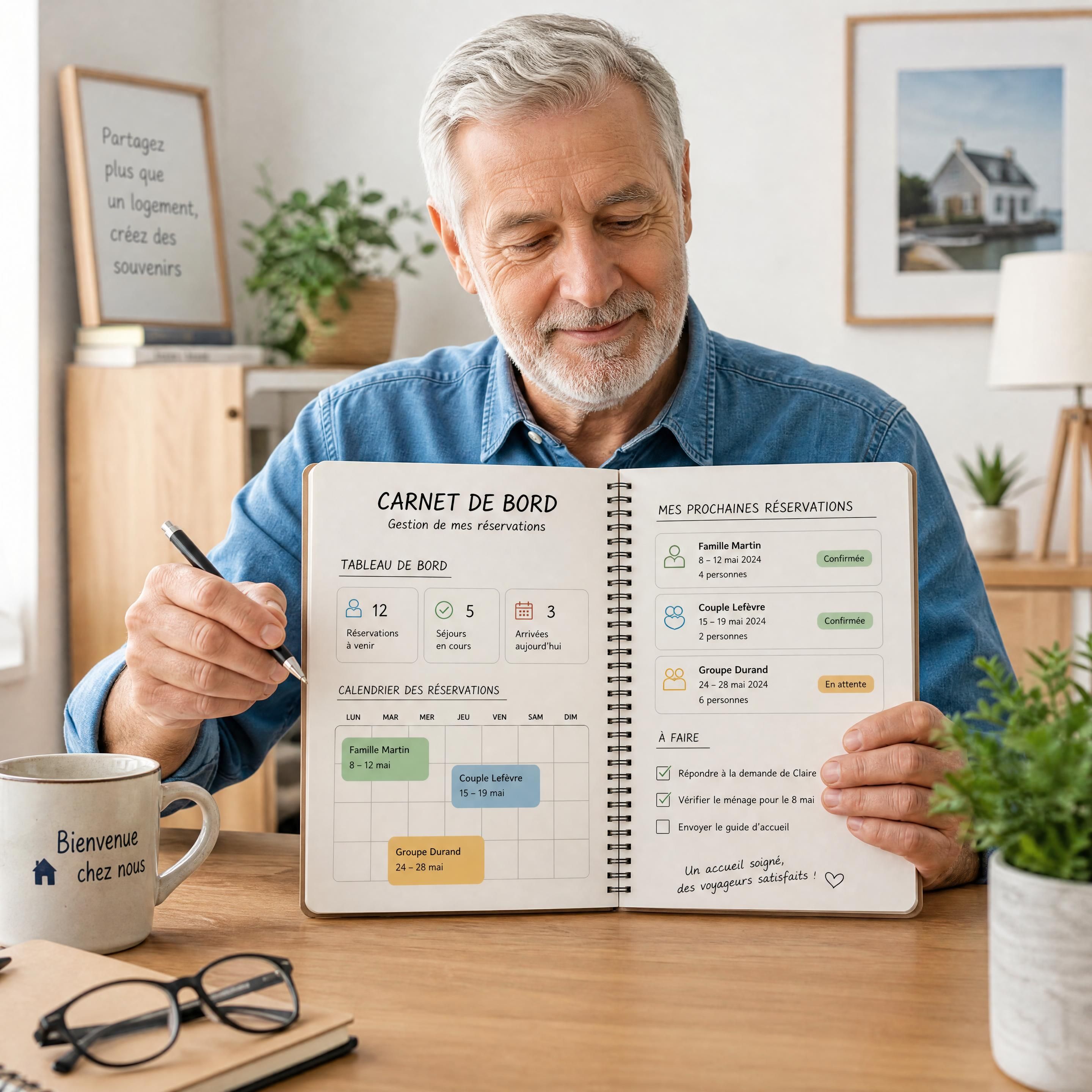 Propriétaire senior consultant un carnet de bord pour gérer ses réservations