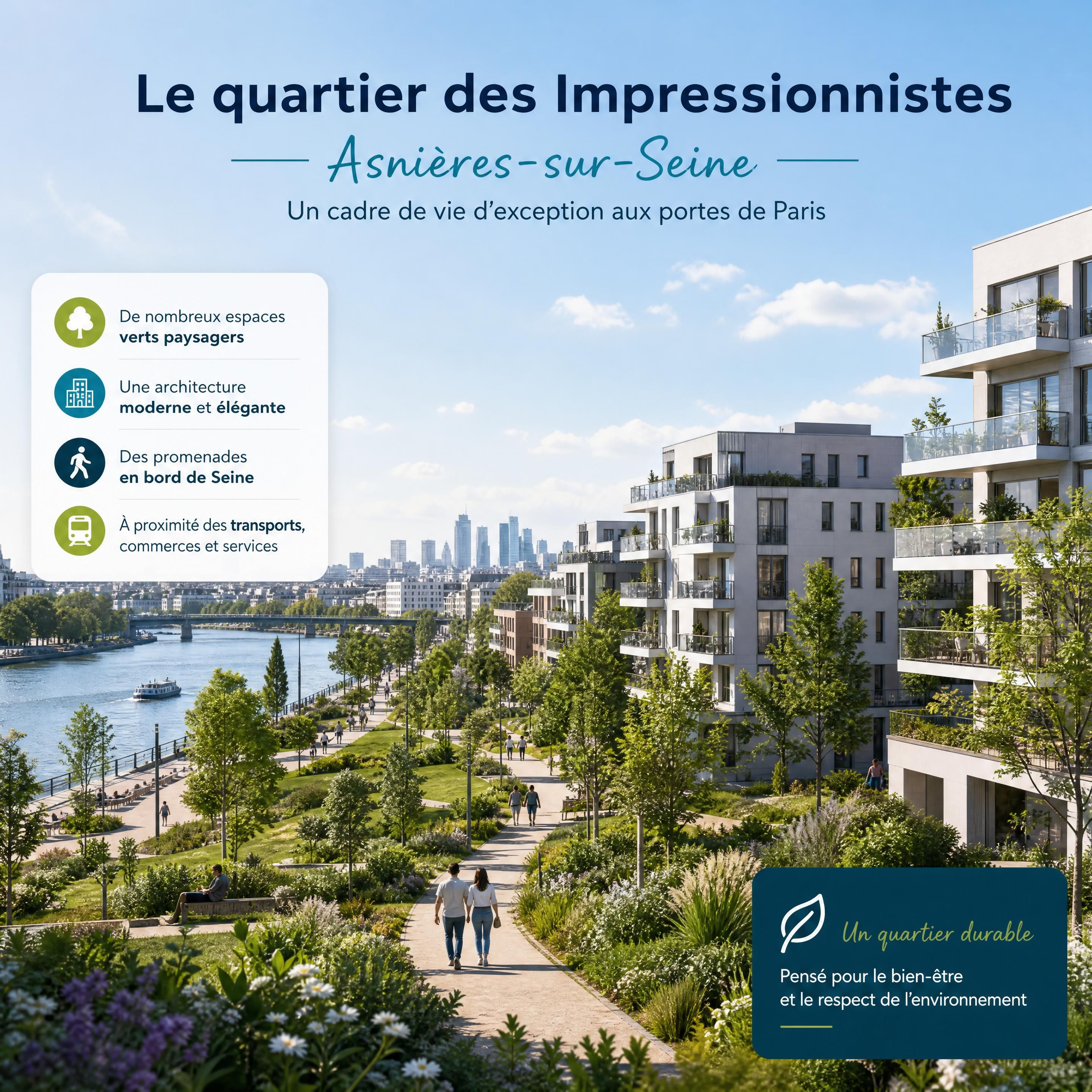 Vue panoramique du quartier des Impressionnistes à Asnières-sur-Seine avec ses espaces verts et son architecture moderne