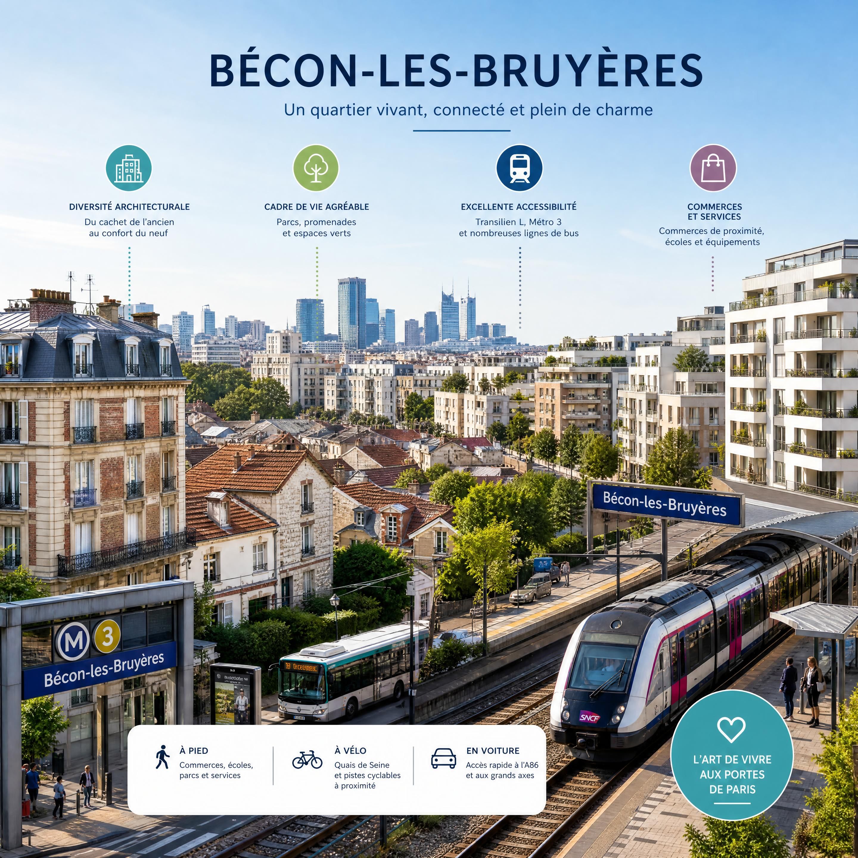 Vue panoramique du quartier de Bécon-les-Bruyères illustrant la diversité architecturale et la proximité des transports