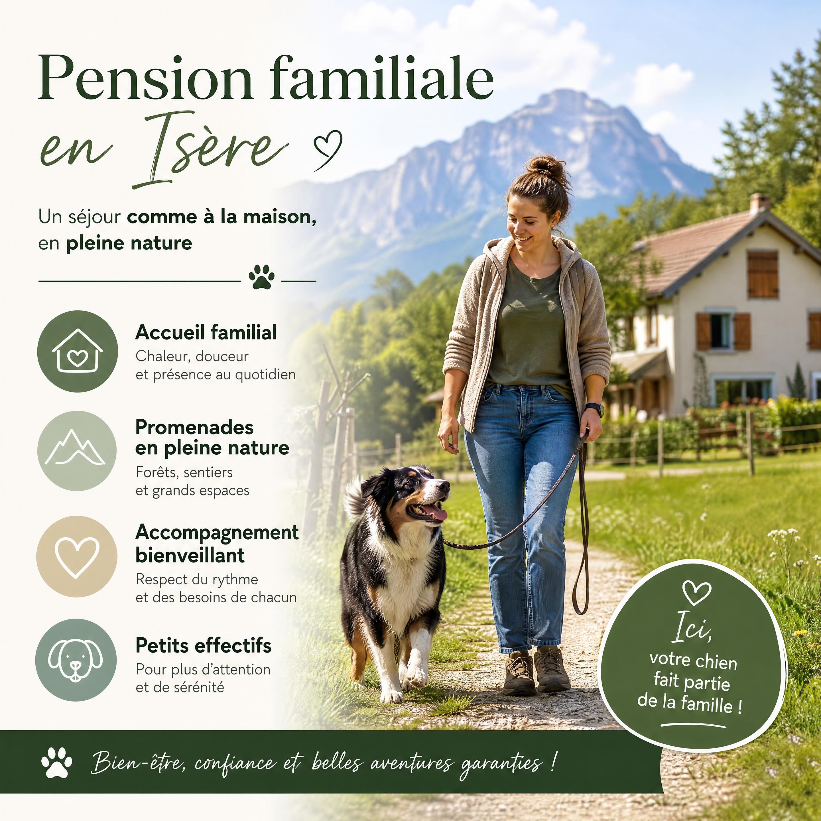 Chien en séjour dans une pension familiale en Isère, promenade en pleine nature et accompagnement bienveillant