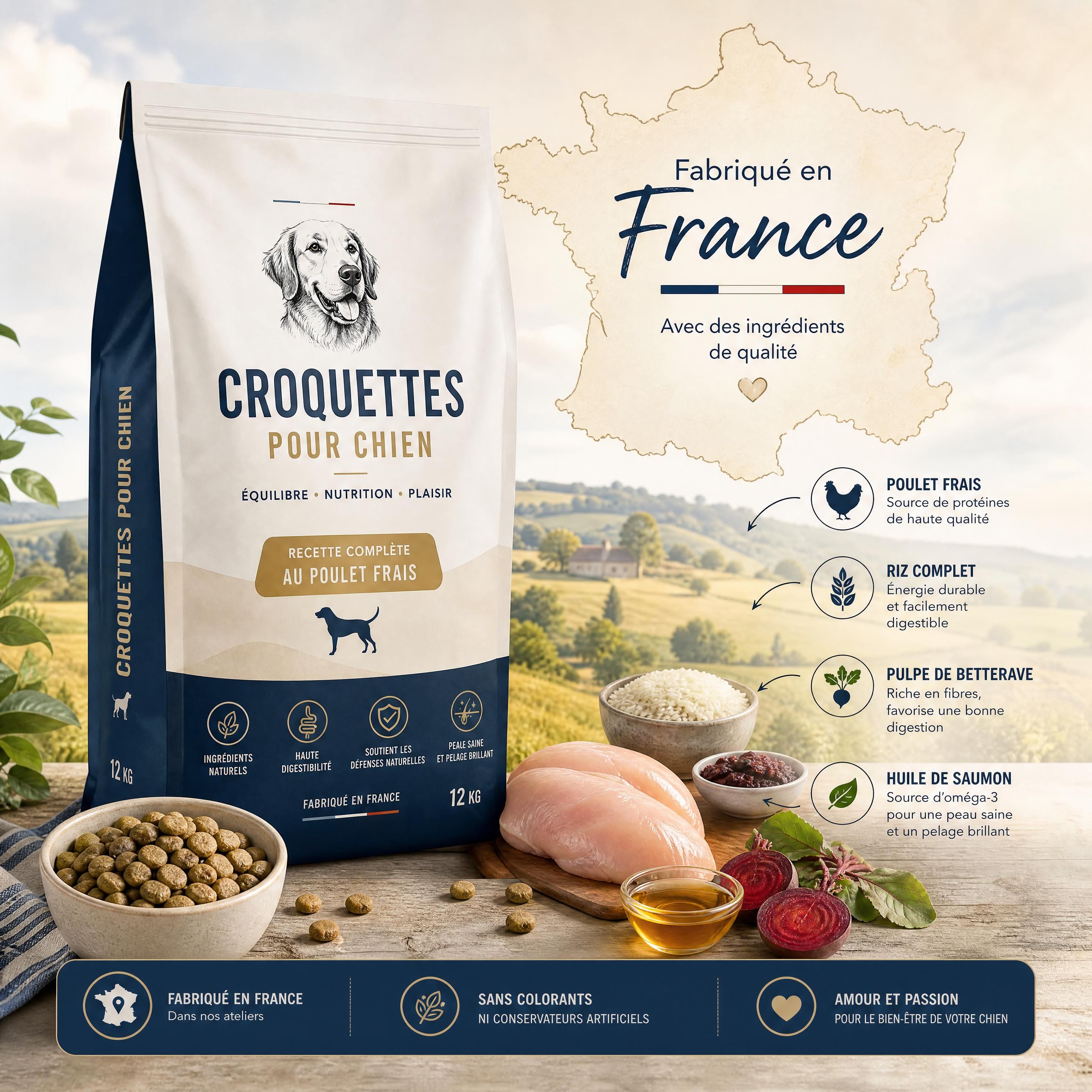 Sac de croquettes pour chien françaises avec ingrédients tracés et carte de France en arrière-plan