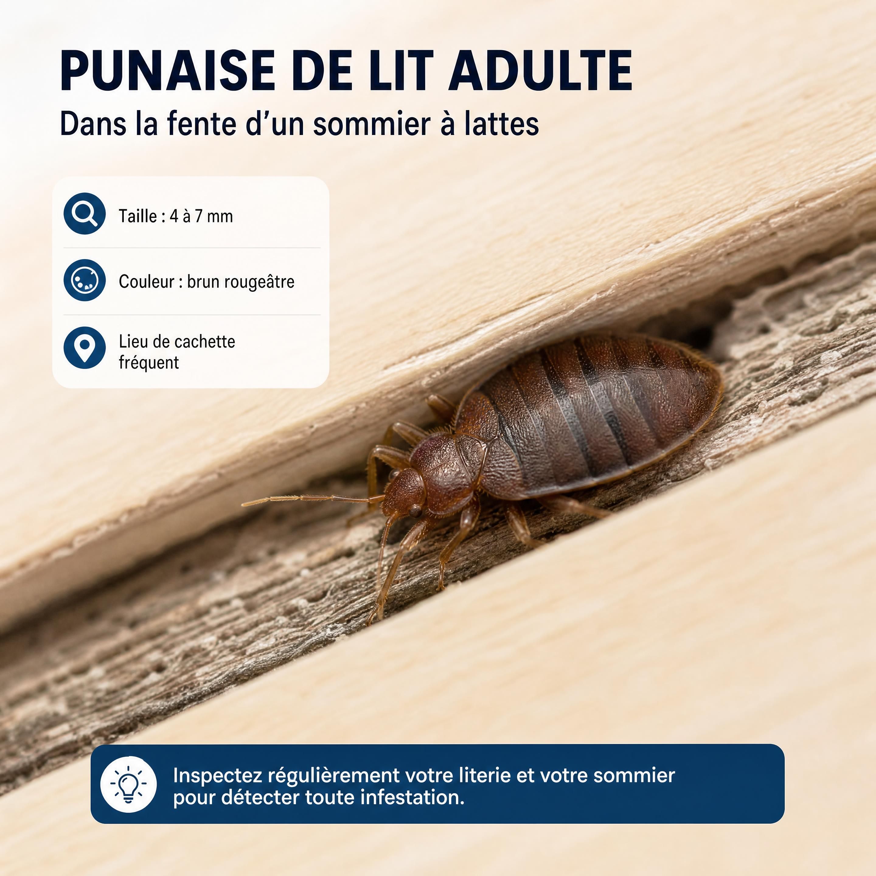 Gros plan réaliste d'une punaise de lit adulte brune et ovale, tapie dans la fente d'un sommier en bois à lattes.
