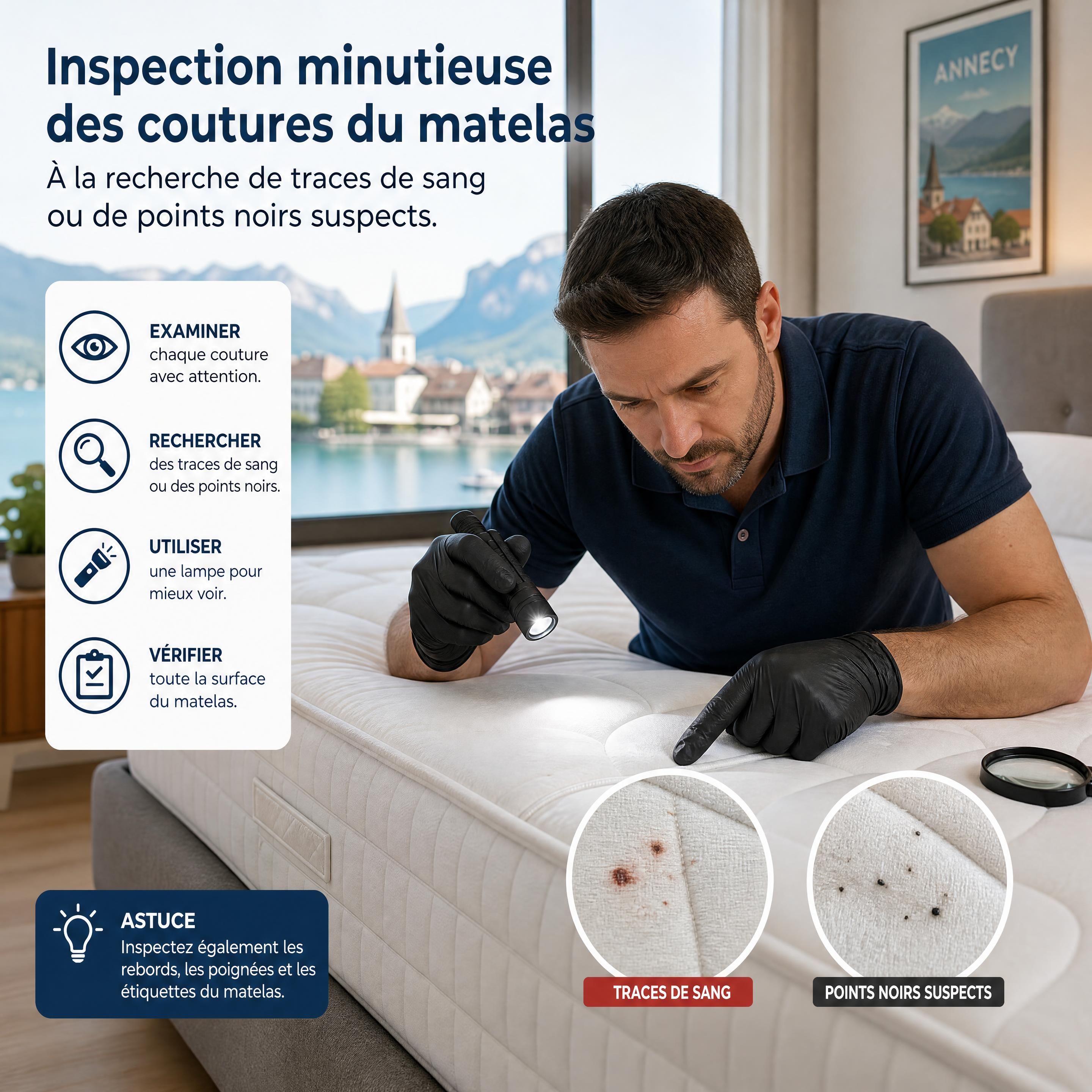 Une inspection minutieuse des coutures d'un matelas blanc dans une chambre à Annecy, à la recherche de traces de sang ou de points noirs suspects.