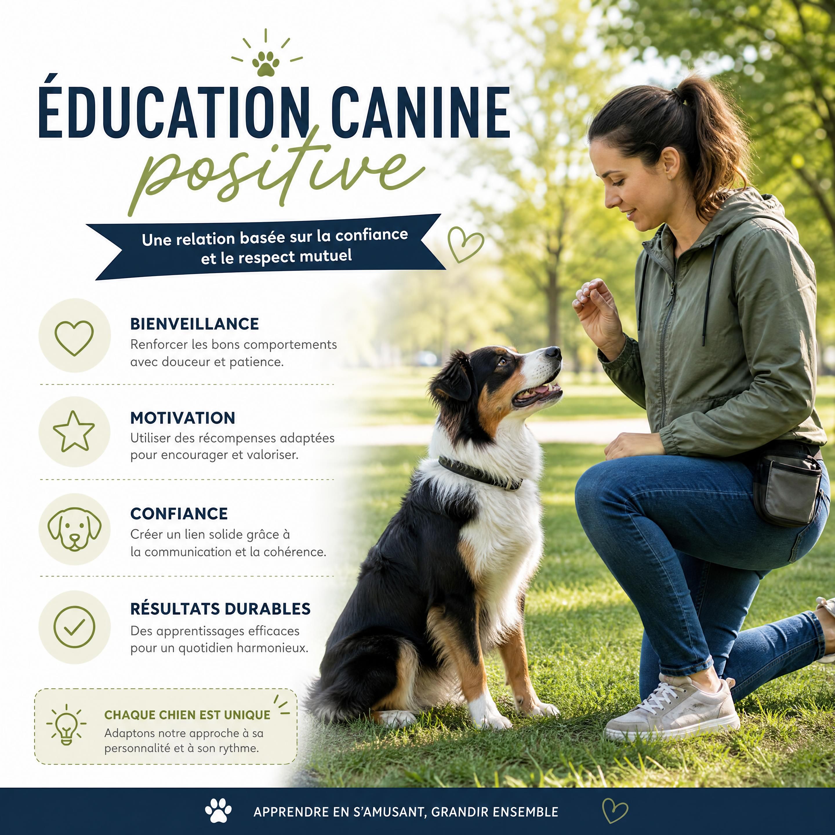 Séance d’éducation canine positive en extérieur avec un chien attentif à son propriétaire