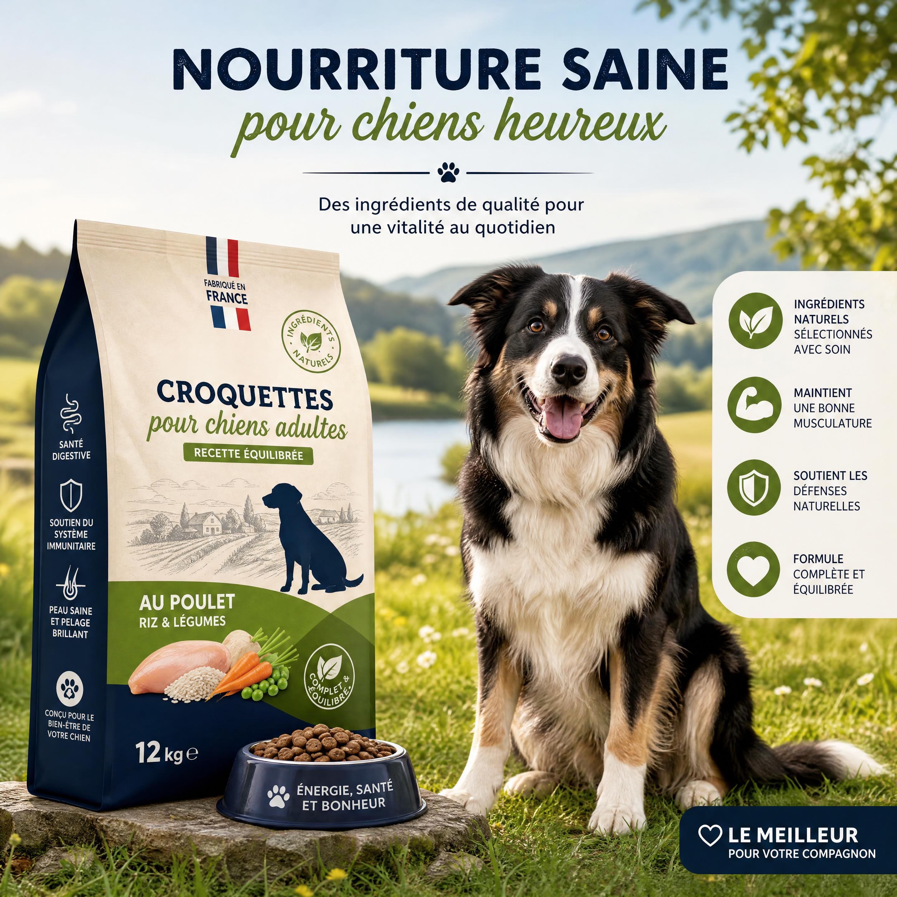 Sac de croquettes pour chien françaises avec un chien adulte en bonne santé dans un environnement naturel