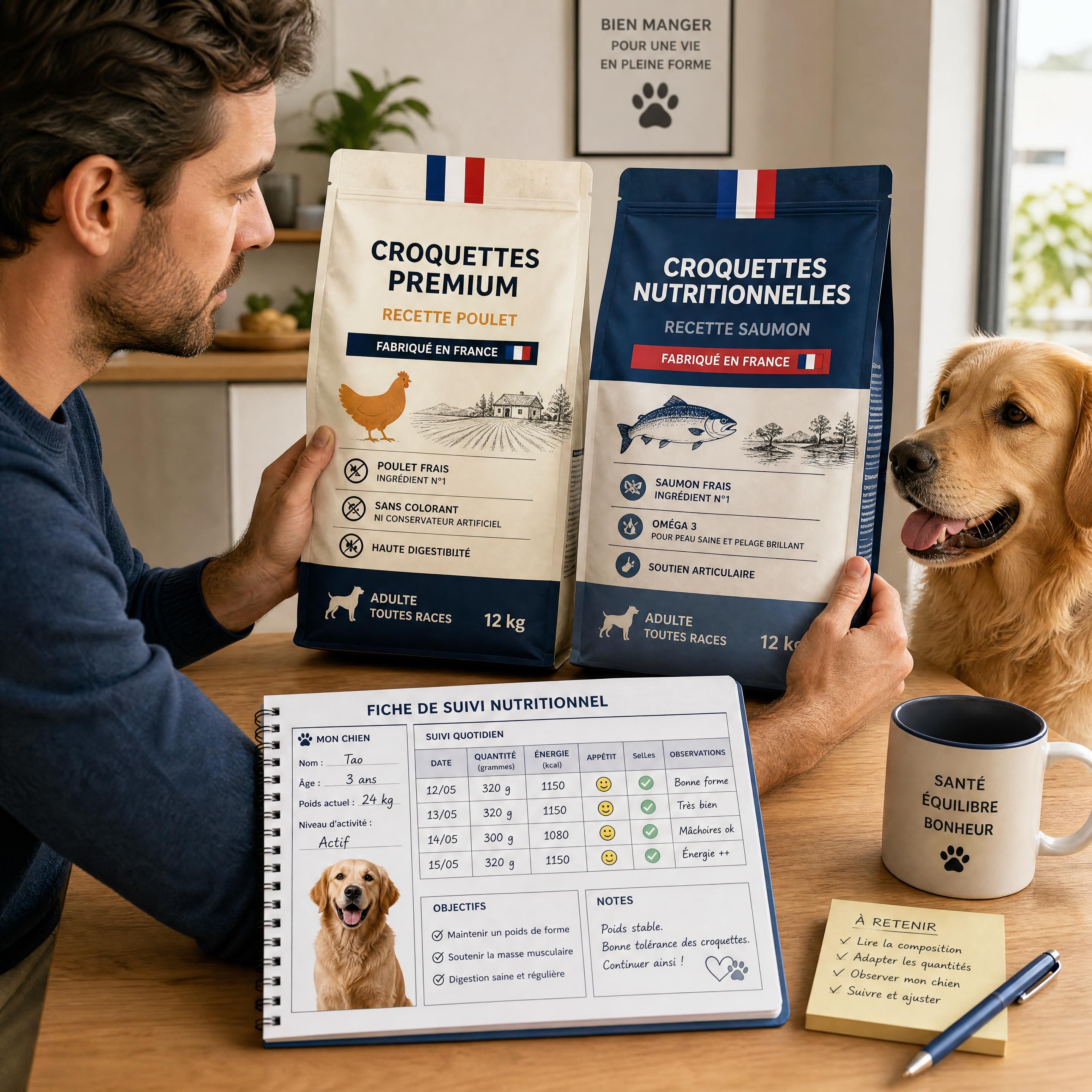 Propriétaire comparant deux étiquettes de croquettes françaises avec une fiche de suivi nutritionnel pour son chien