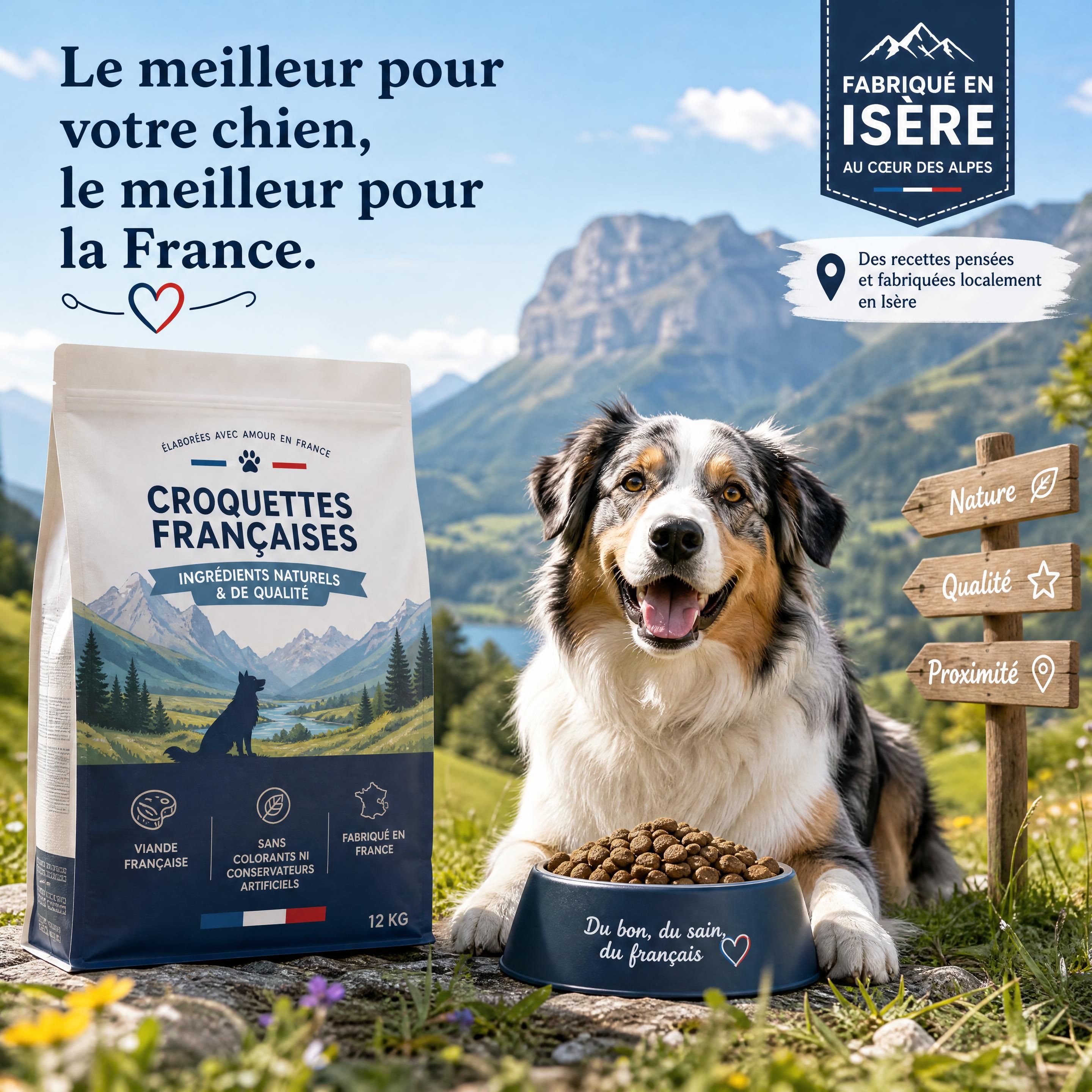 Chien heureux mangeant des croquettes françaises dans un environnement naturel en Isère