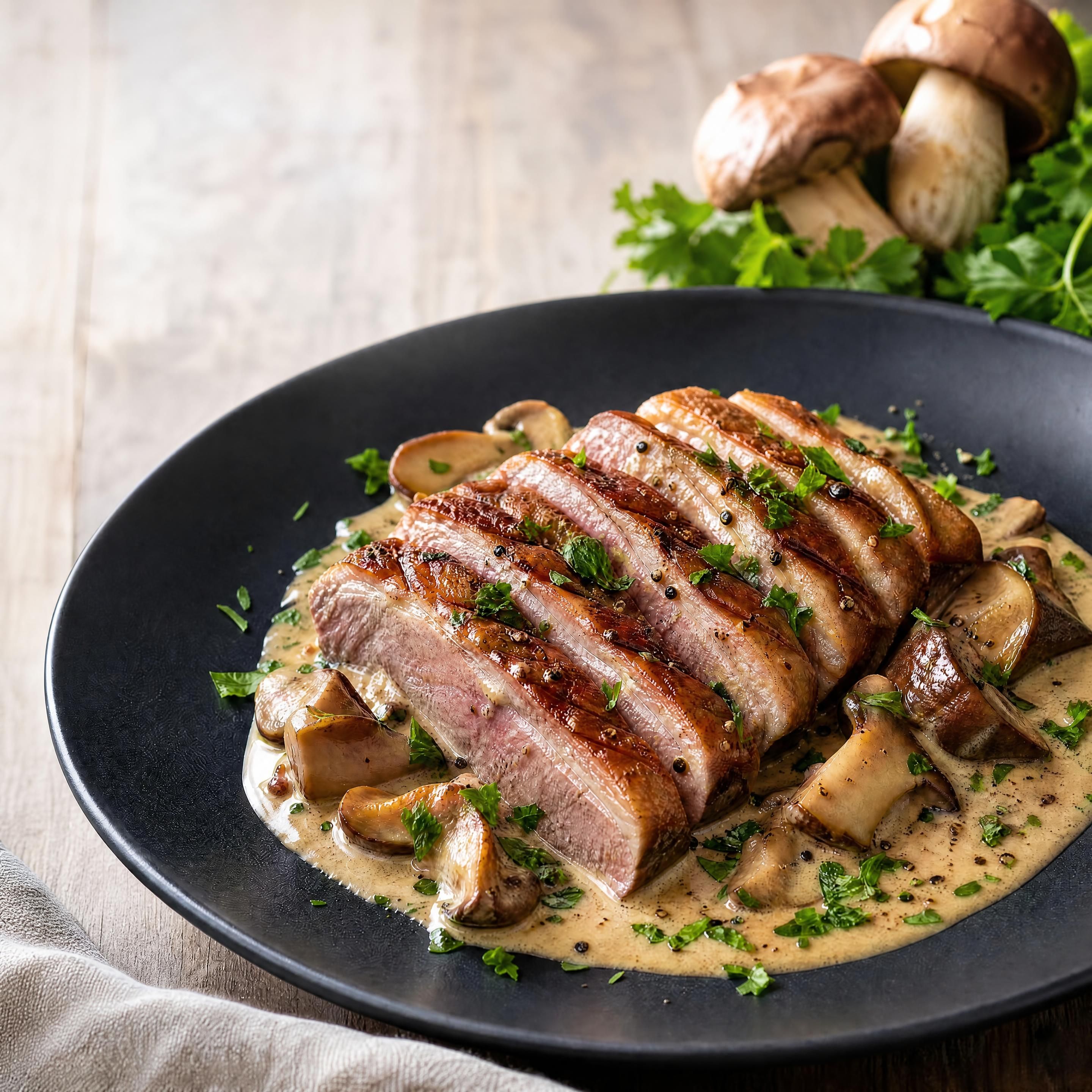Un magnifique magret de canard aux cèpes dressé sur une assiette sombre, nappé d'une sauce crémeuse et parsemé de persil frais