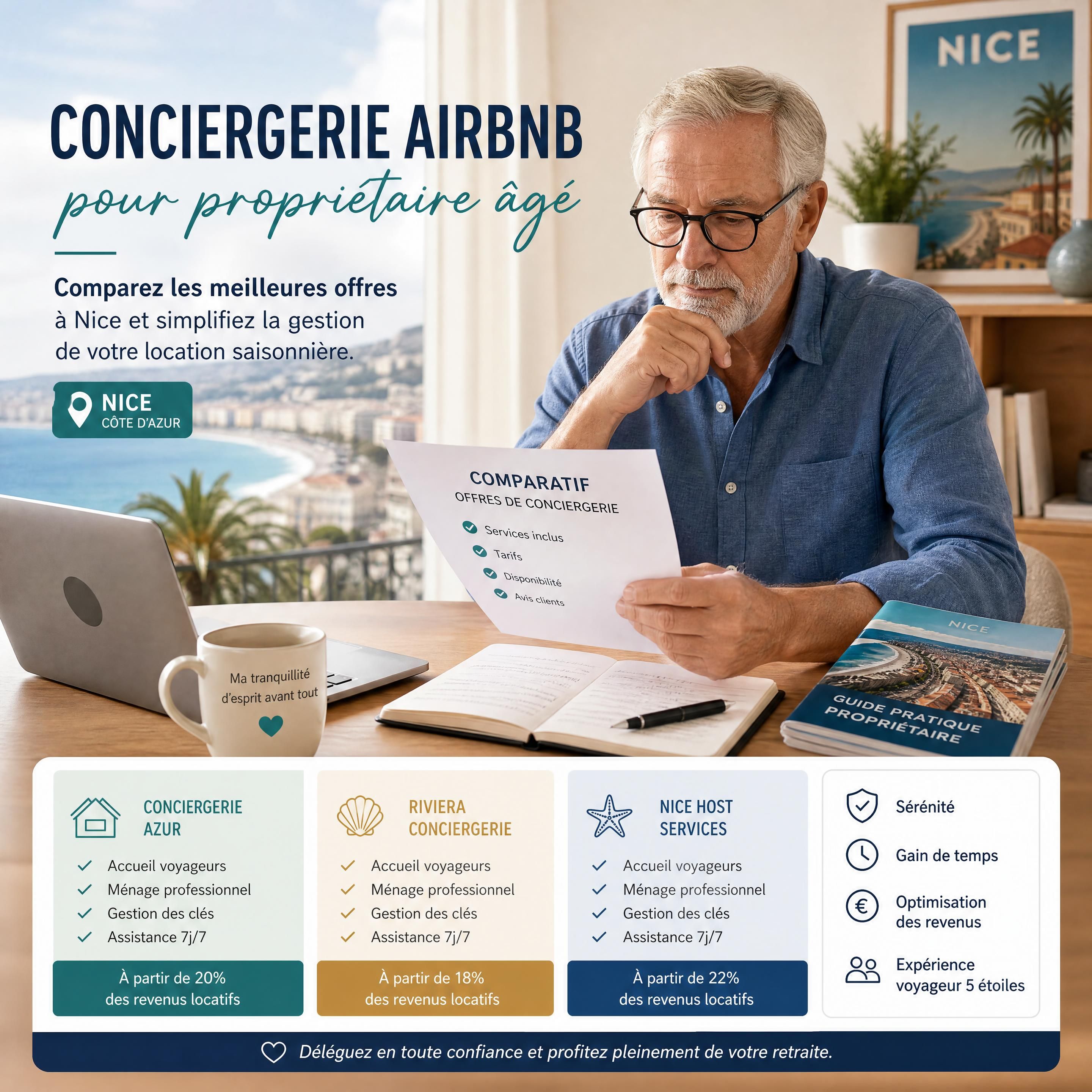 propriétaire senior comparant des offres de conciergerie Airbnb à Nice, avec le mot-clé conciergerie airbnb pour propriétaire âgé dans l’environnement visuel