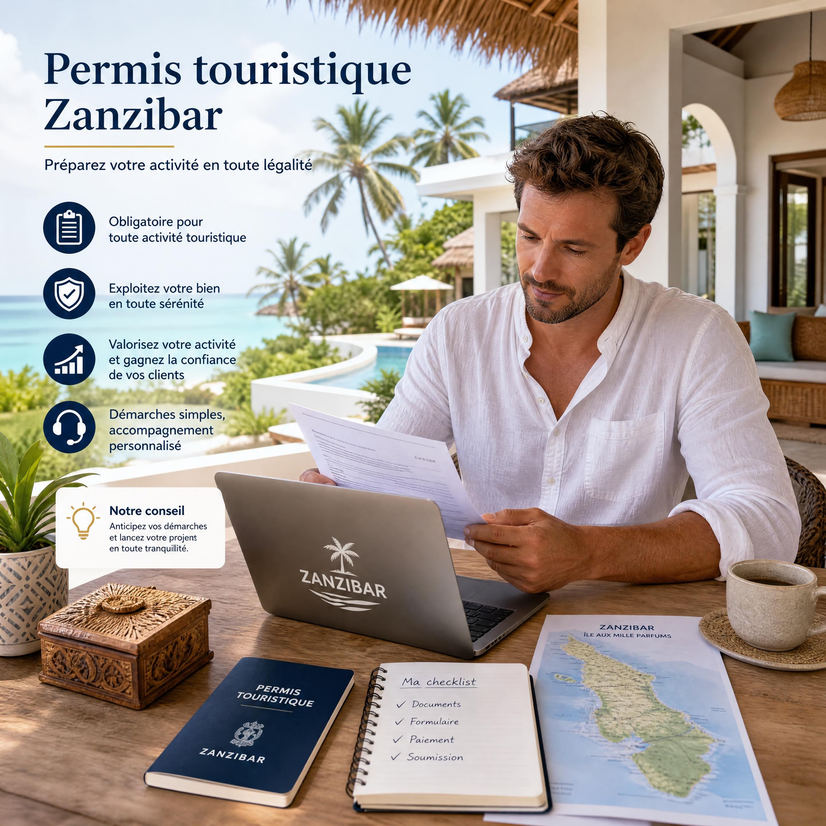 Villa tropicale à Zanzibar avec propriétaire préparant son permis touristique Zanzibar
