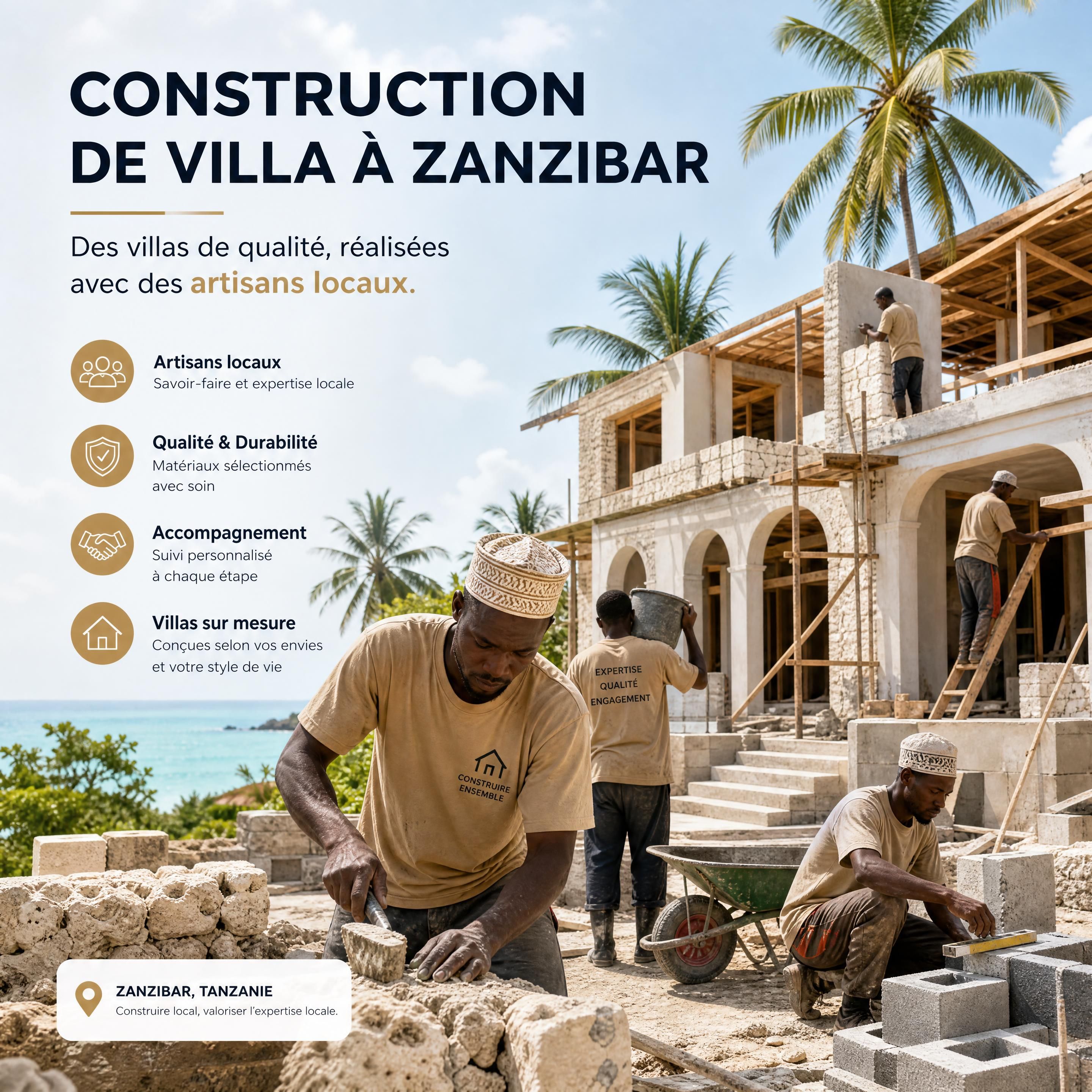 Chantier de construction de villa avec artisans locaux à Zanzibar