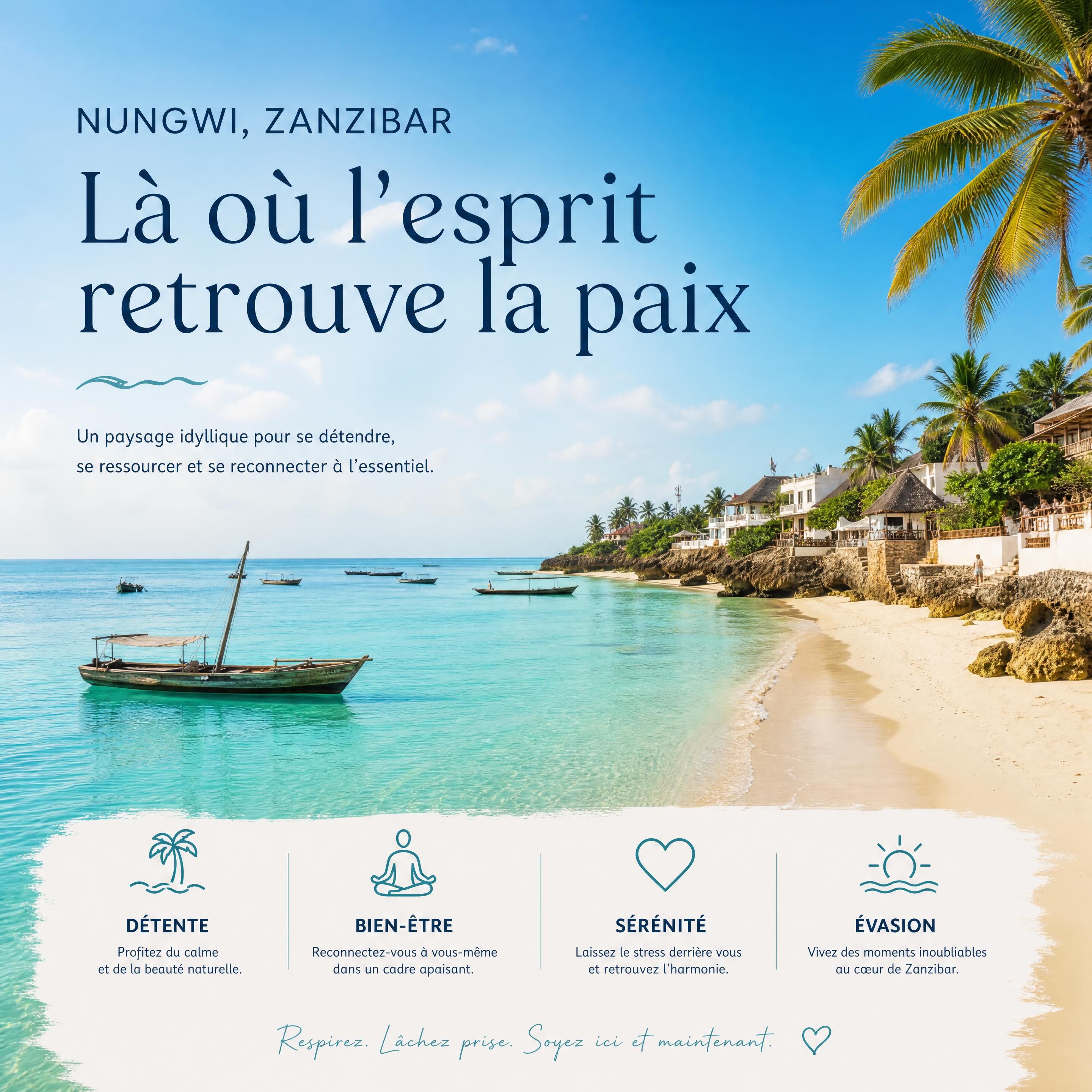 Paysage côtier de Nungwi, Zanzibar, symbolisant la tranquillité d'esprit