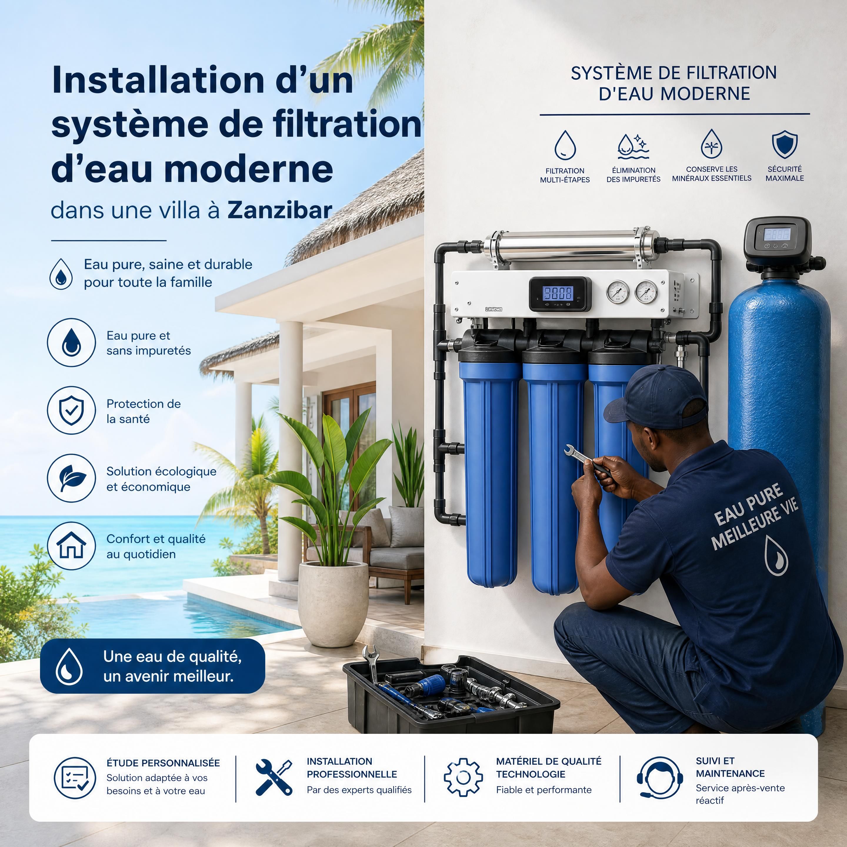 Installation d'un système de filtration d'eau moderne dans une villa à Zanzibar