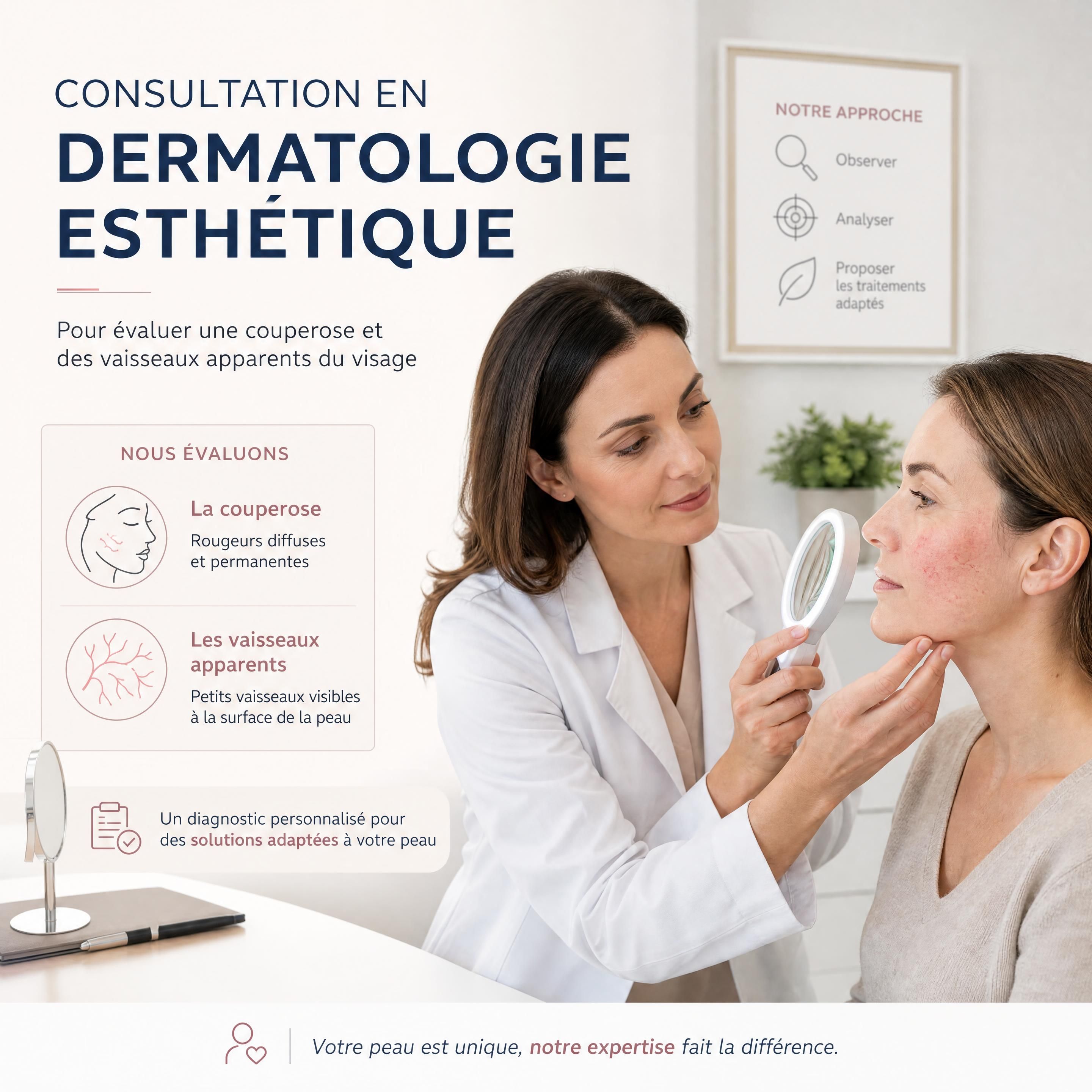 Consultation en dermatologie esthétique pour évaluer une couperose et des vaisseaux apparents du visage