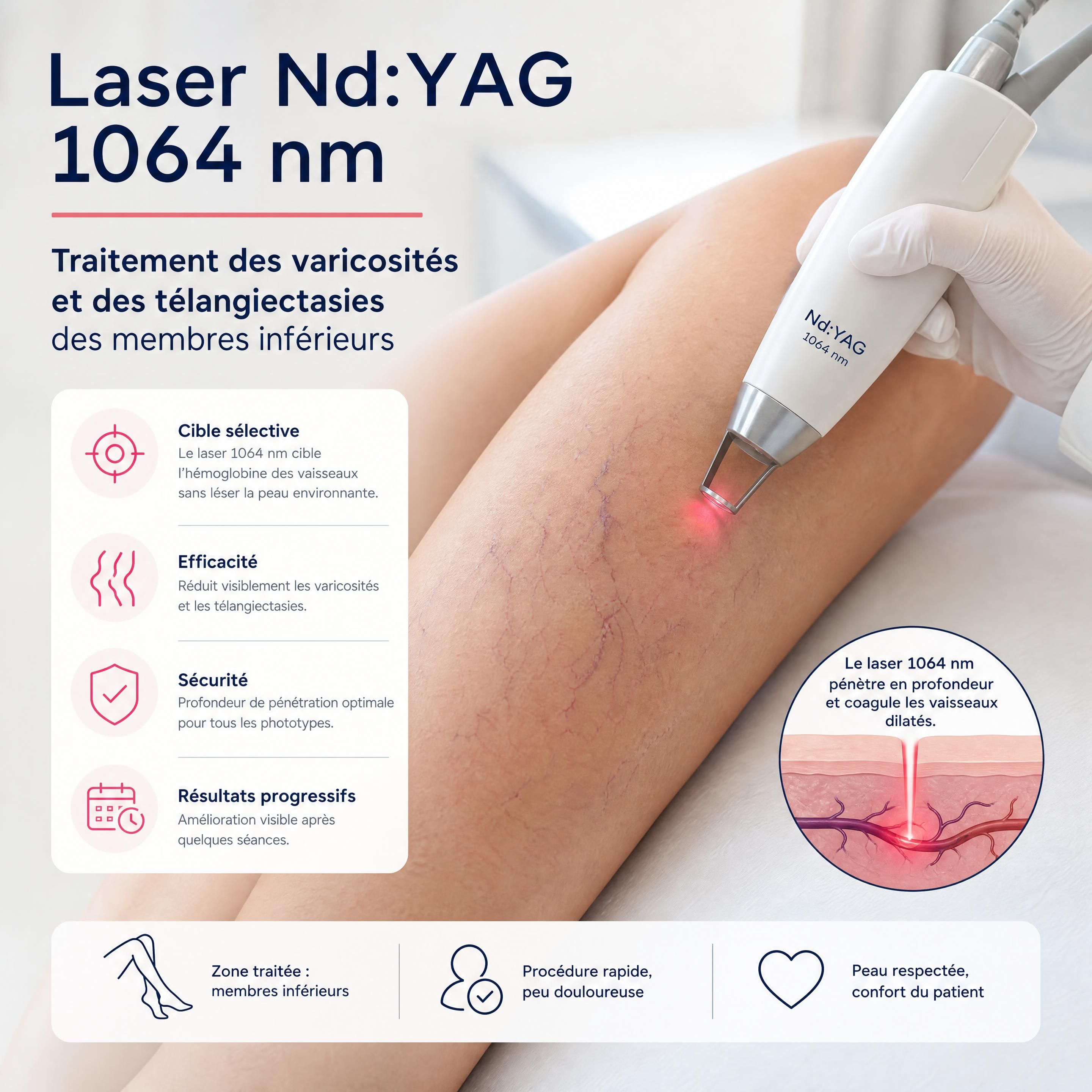 Application d'un laser Nd:YAG 1064 nm sur des varicosités et des télangiectasies des membres inférieurs