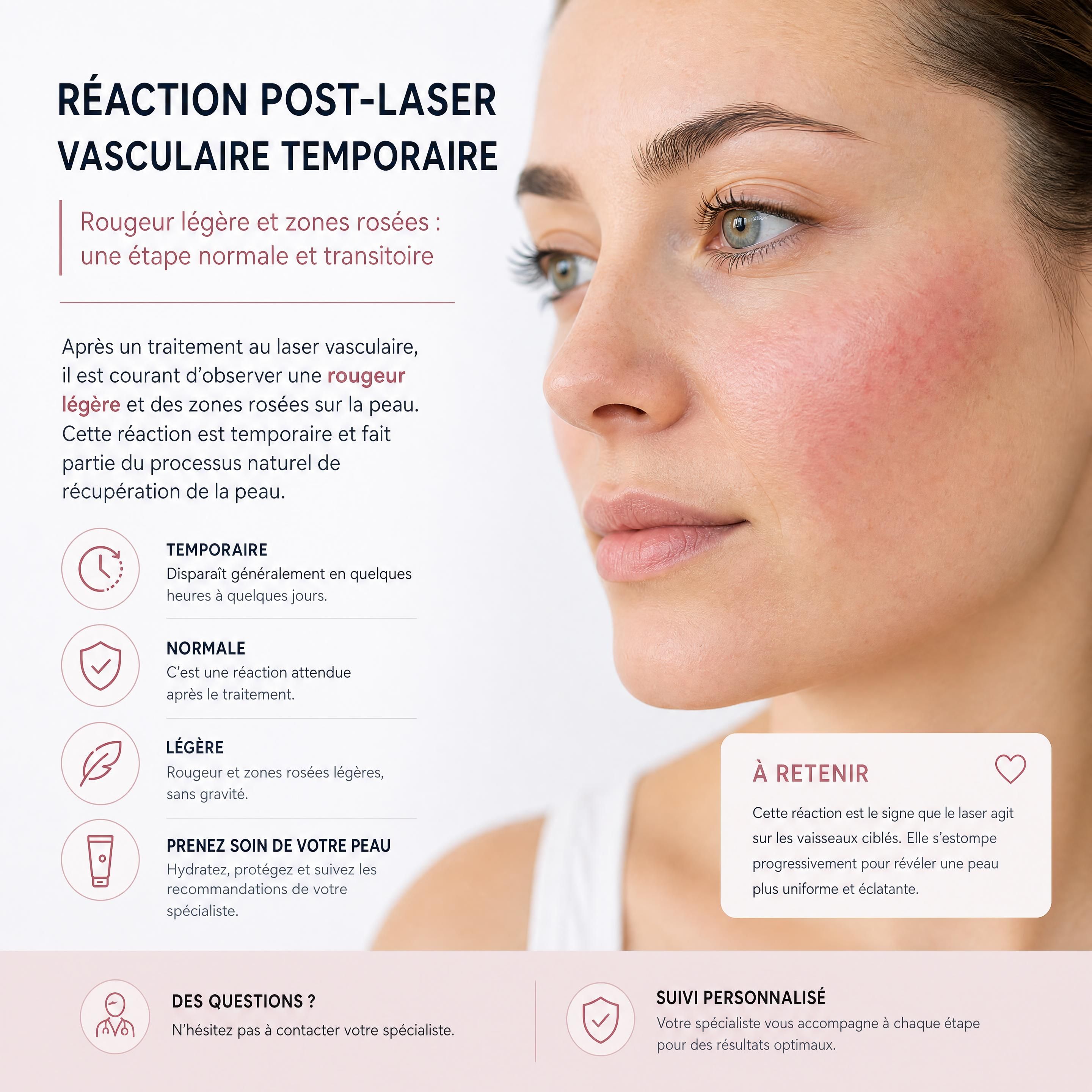 Visage présentant une réaction post-laser vasculaire temporaire avec rougeur légère et zones rosées