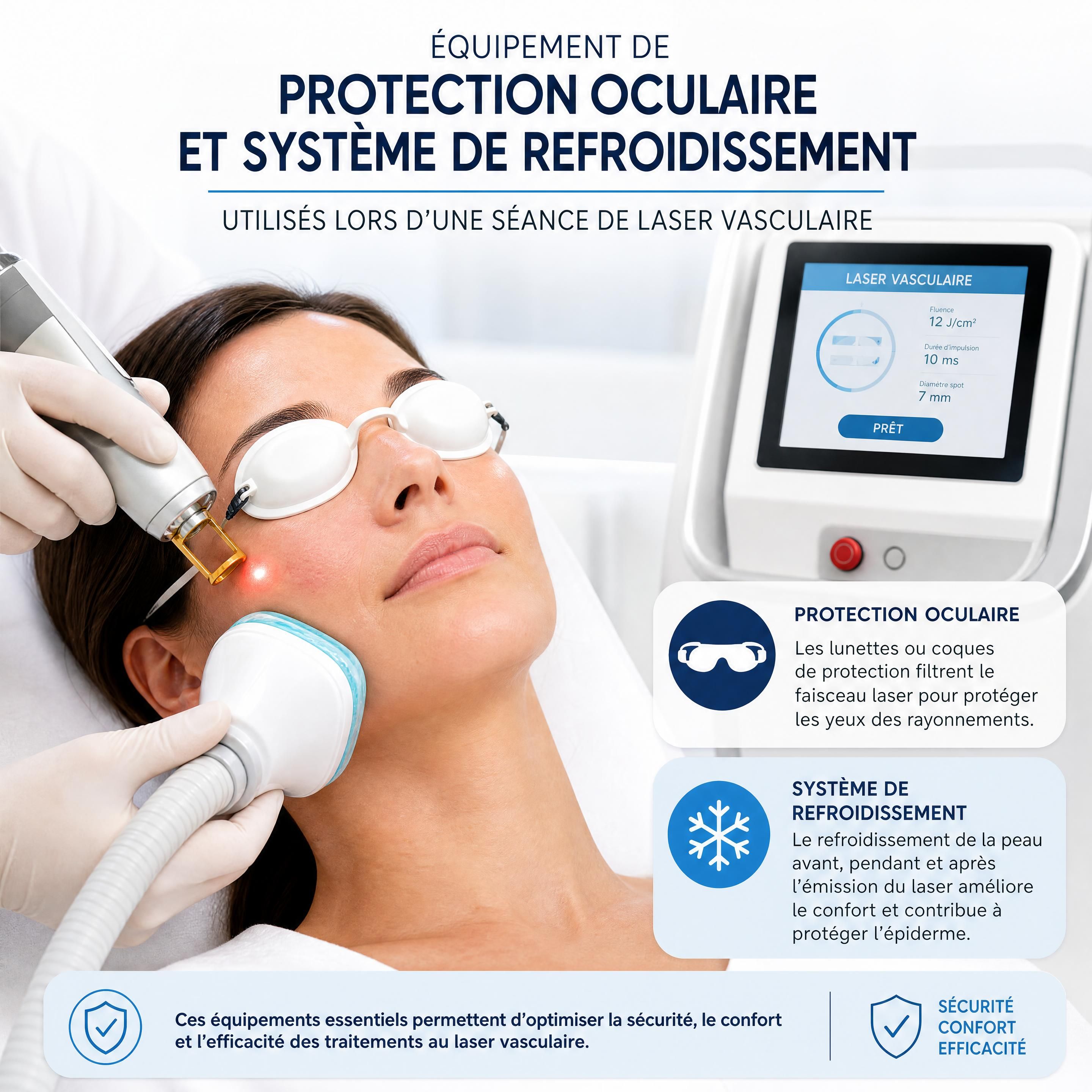 Équipement de protection oculaire et système de refroidissement utilisés lors d’une séance de laser vasculaire