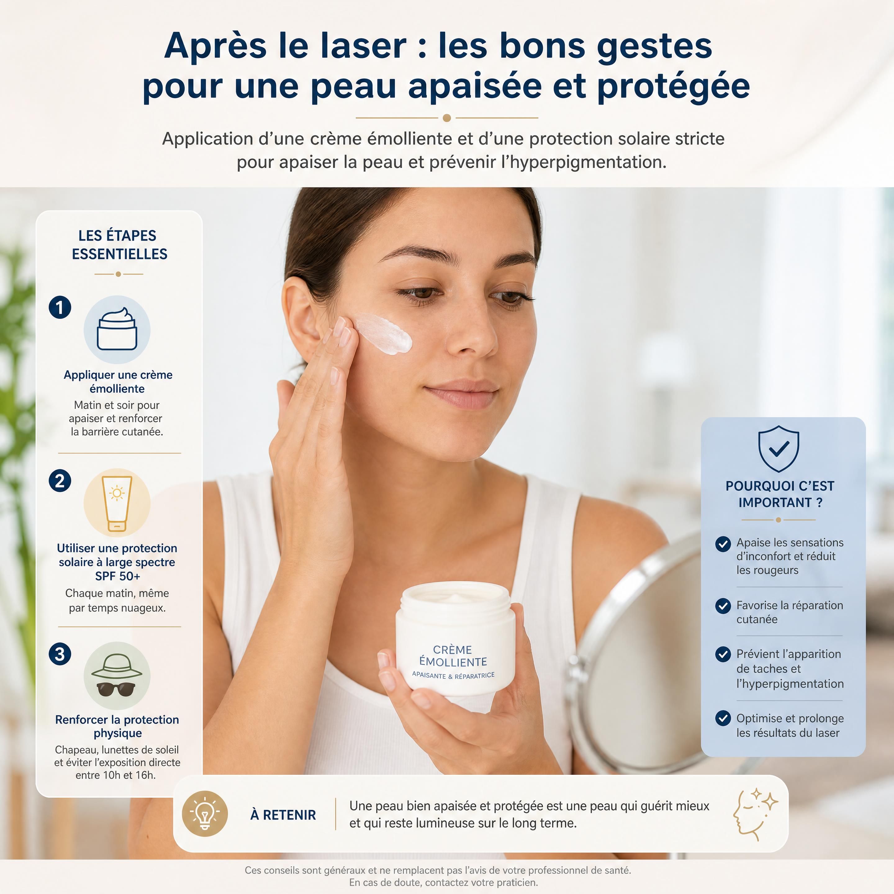 Application post-laser d'une crème émolliente et d'une protection solaire stricte pour apaiser la peau et prévenir l'hyperpigmentation