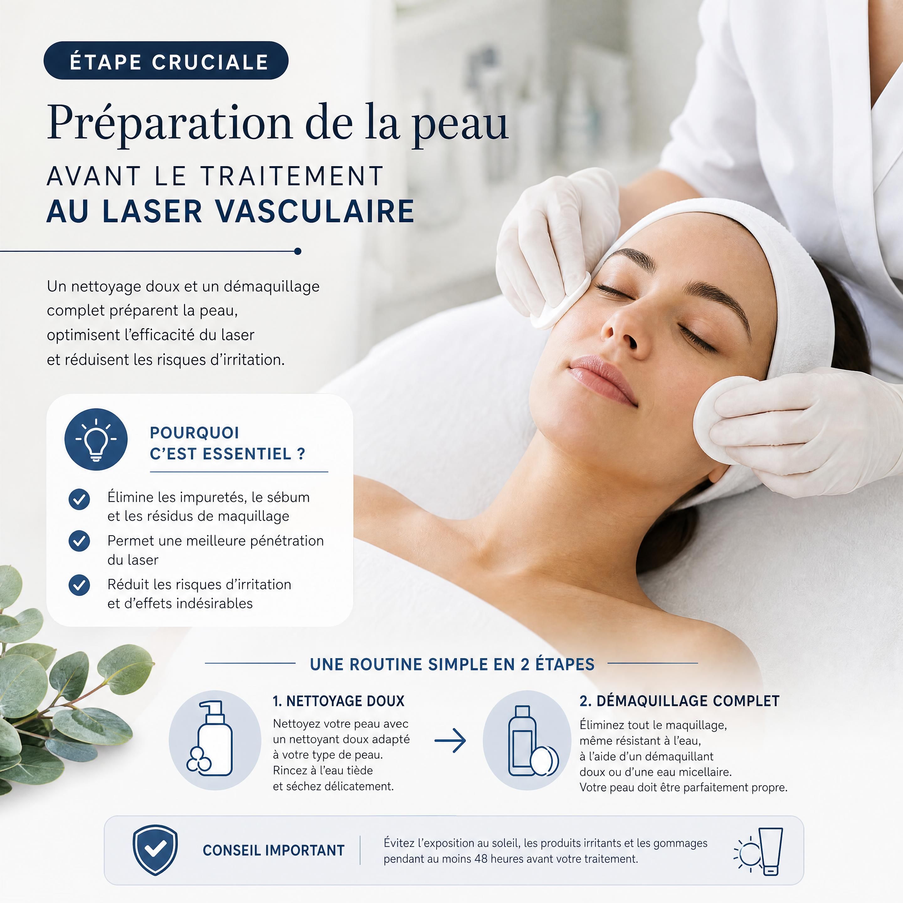 Étape cruciale de préparation de la peau avec nettoyage doux et démaquillage complet avant le traitement au laser vasculaire