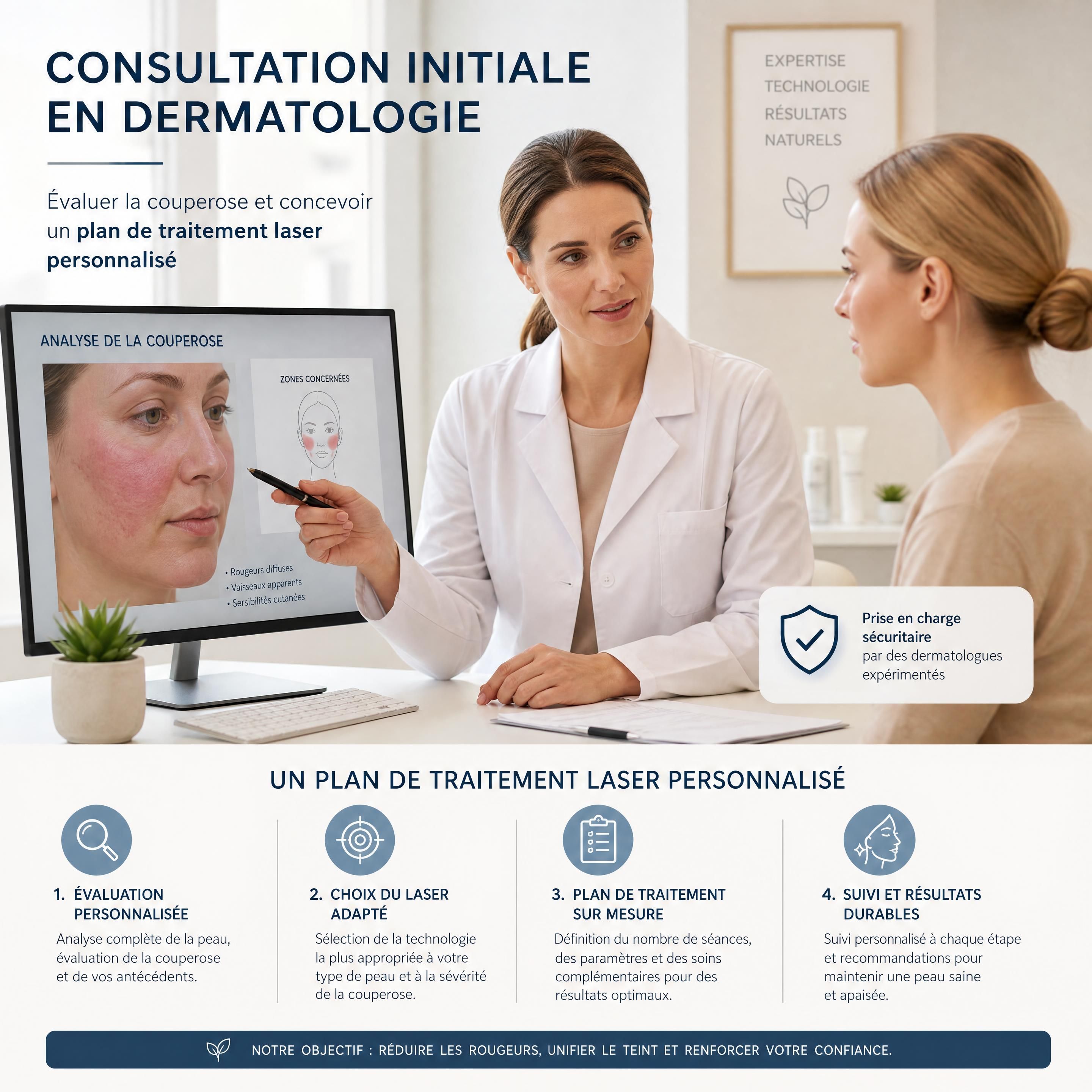 Consultation initiale dans une clinique dermatologique spécialisée pour évaluer la couperose et concevoir un plan de traitement laser personnalisé