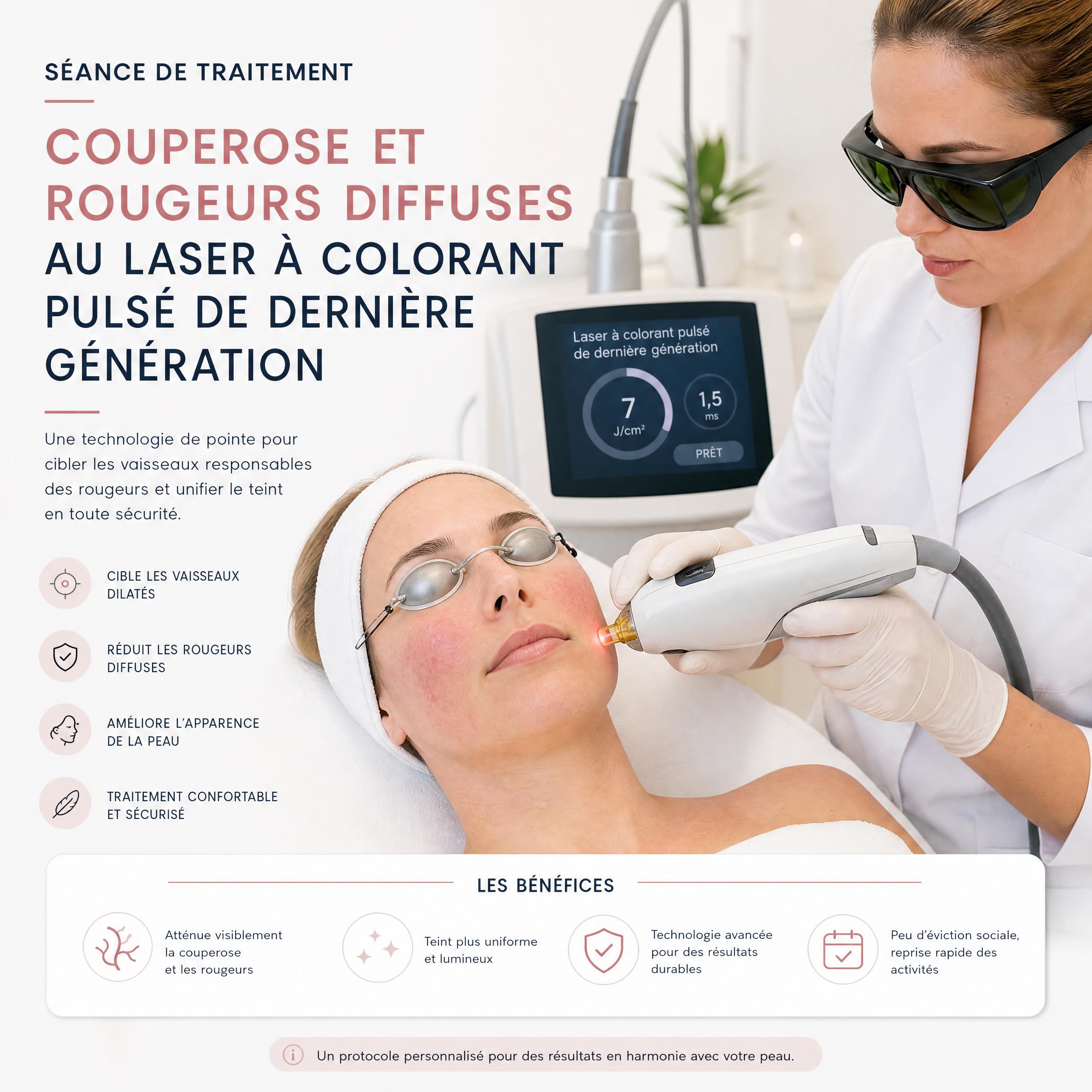 Séance de traitement de la couperose et des rougeurs diffuses à l'aide d'un laser à colorant pulsé de dernière génération