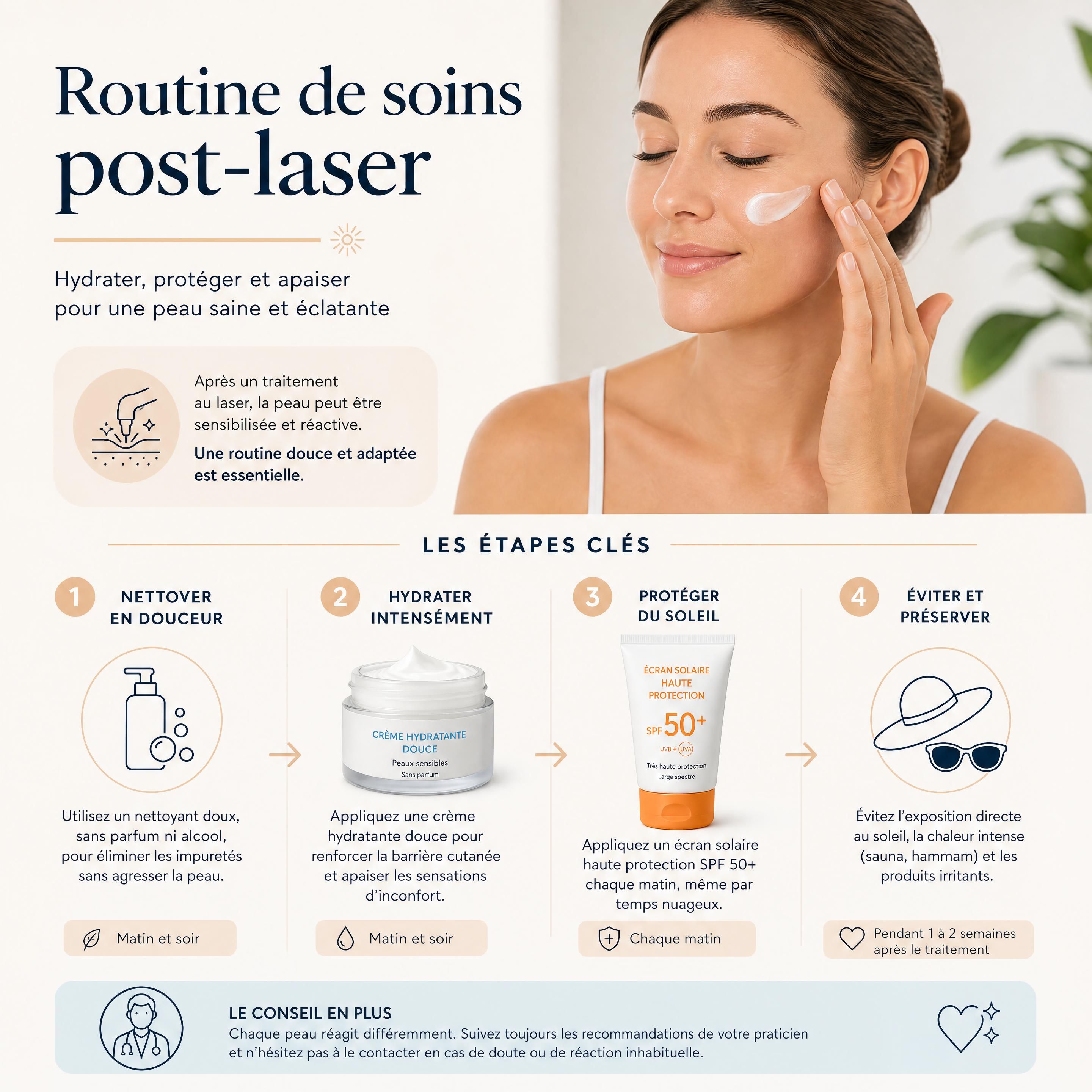 Routine de soins post-laser avec crème hydratante douce et protection solaire haute protection