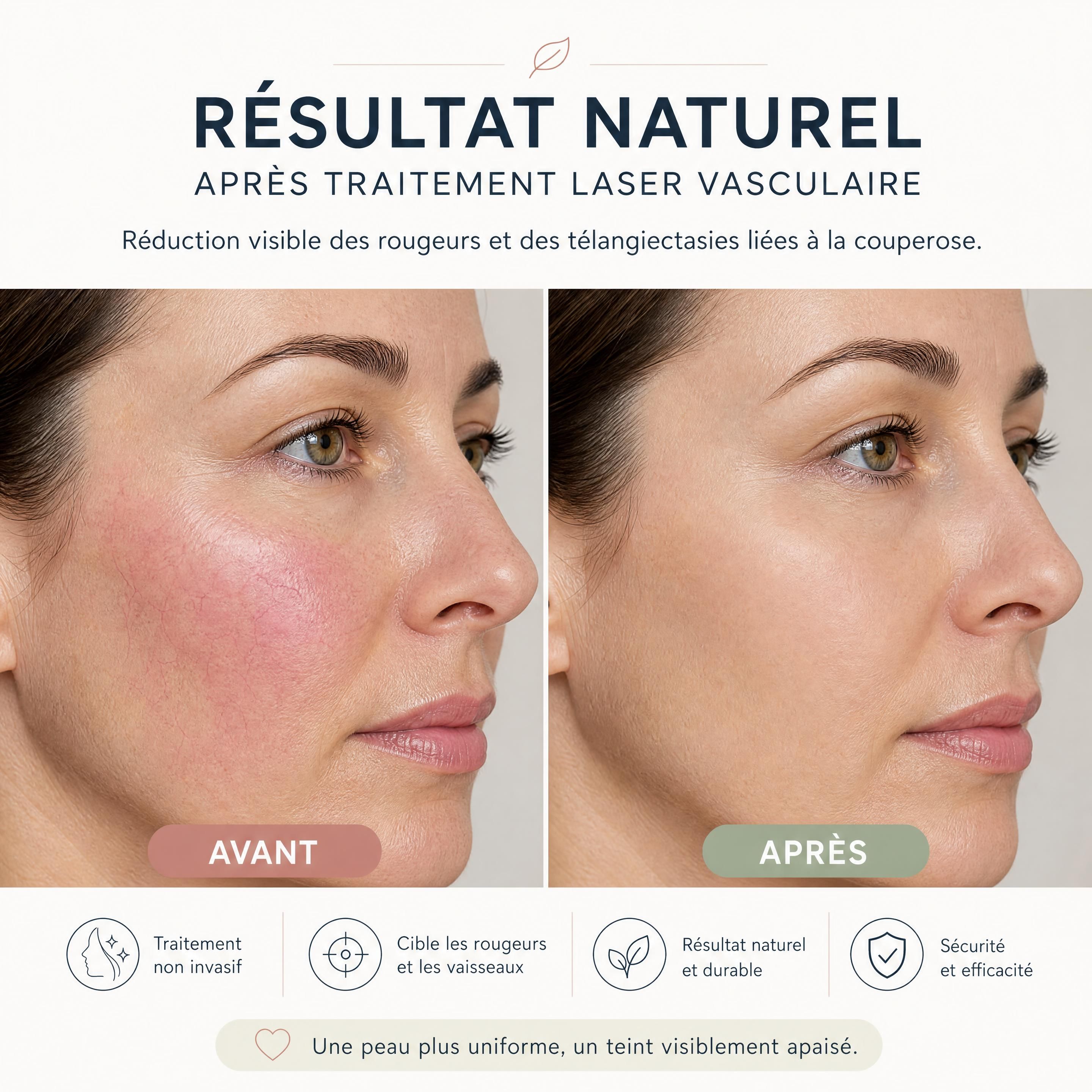 Résultat naturel après traitement laser vasculaire d’une couperose avec réduction des rougeurs et des télangiectasies