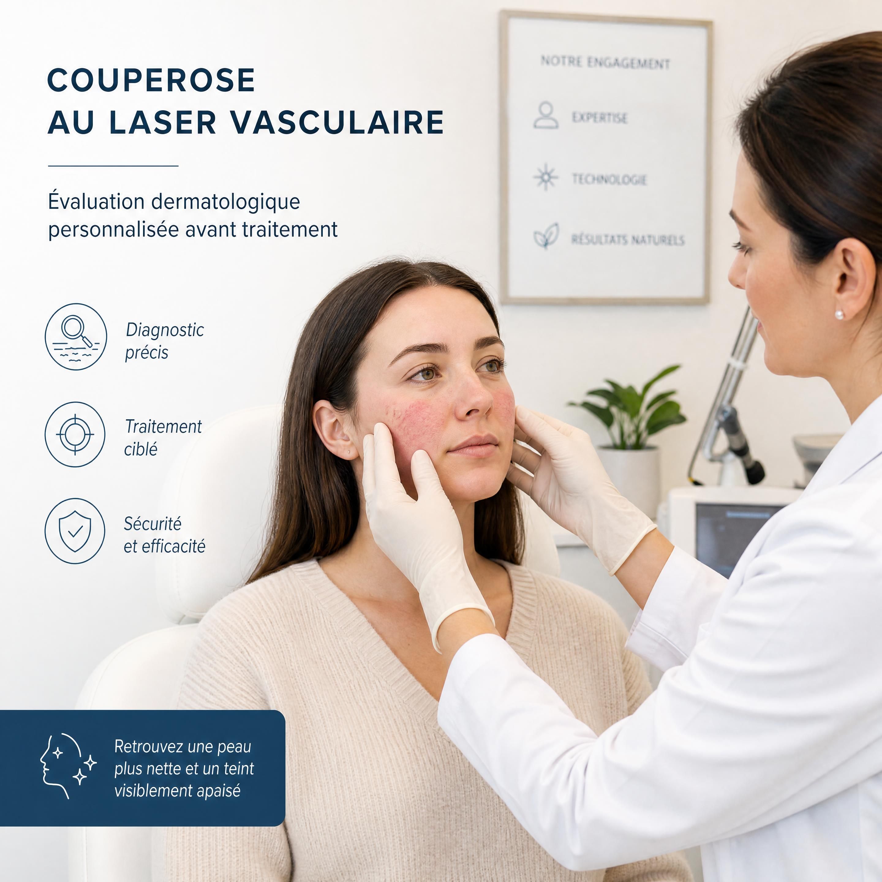 Dermatologue examinant les joues d’une patiente avant un traitement de couperose au laser vasculaire
