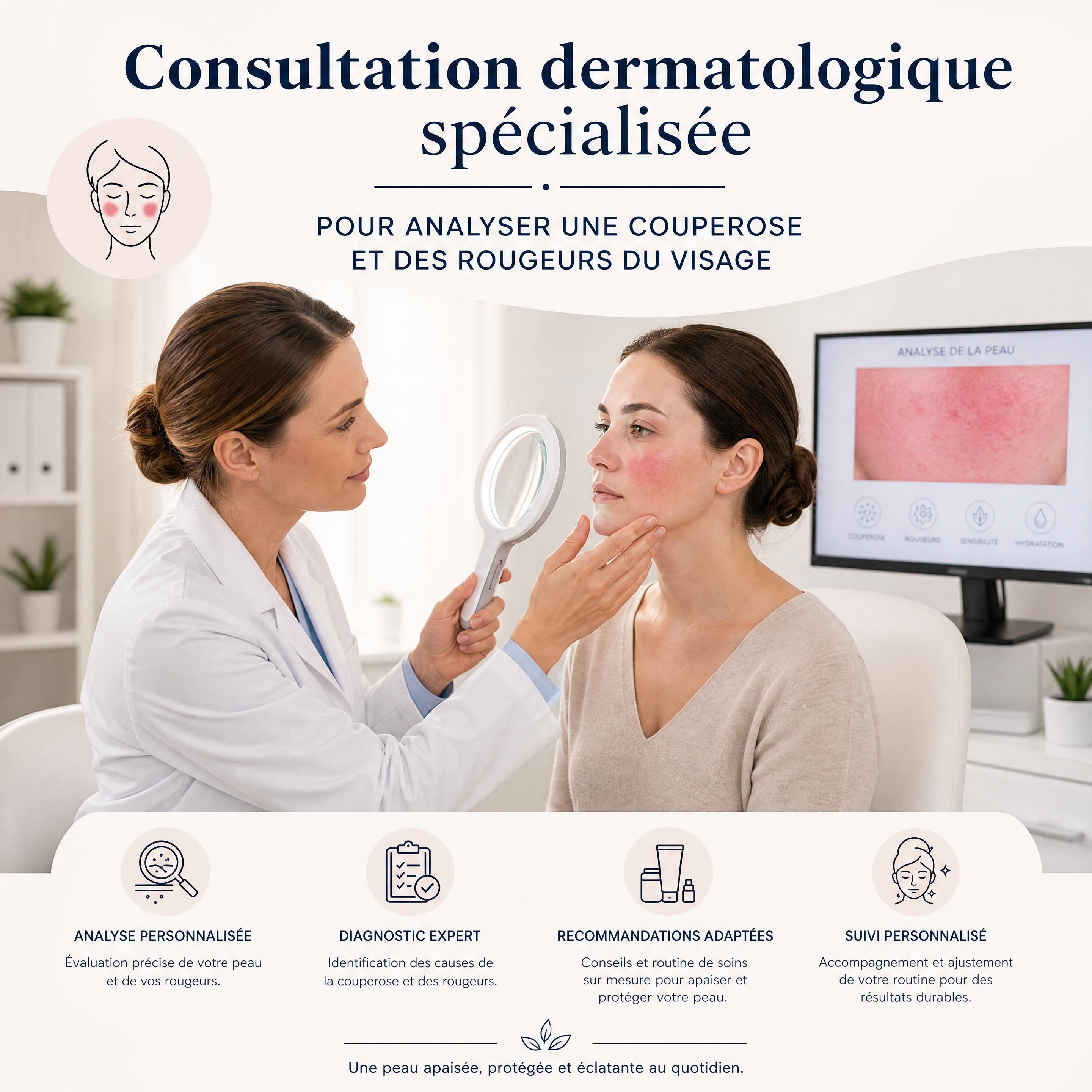 Consultation dermatologique spécialisée pour analyser une couperose et des rougeurs du visage