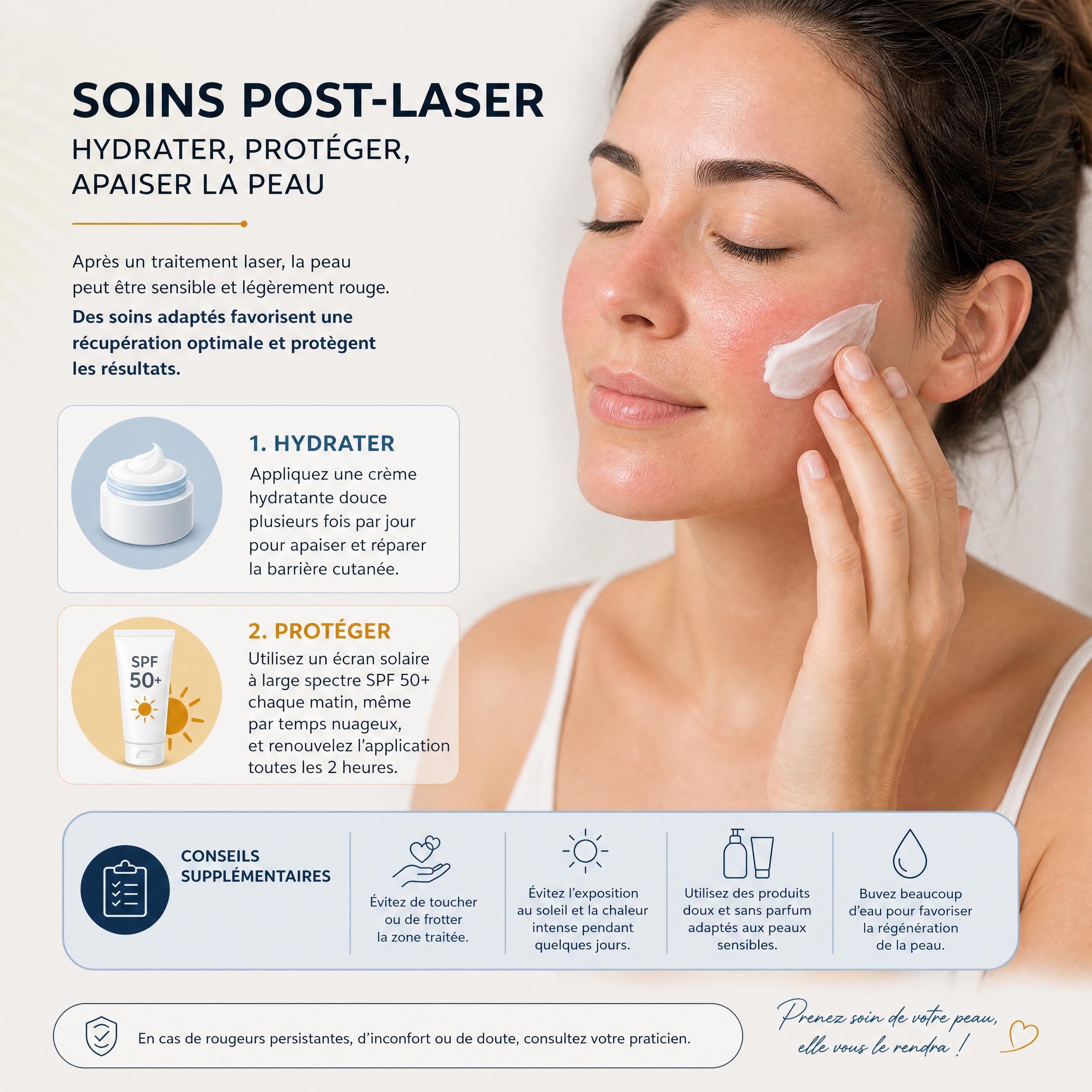 Soins post-laser avec crème hydratante et protection solaire appliquées sur une peau légèrement rouge