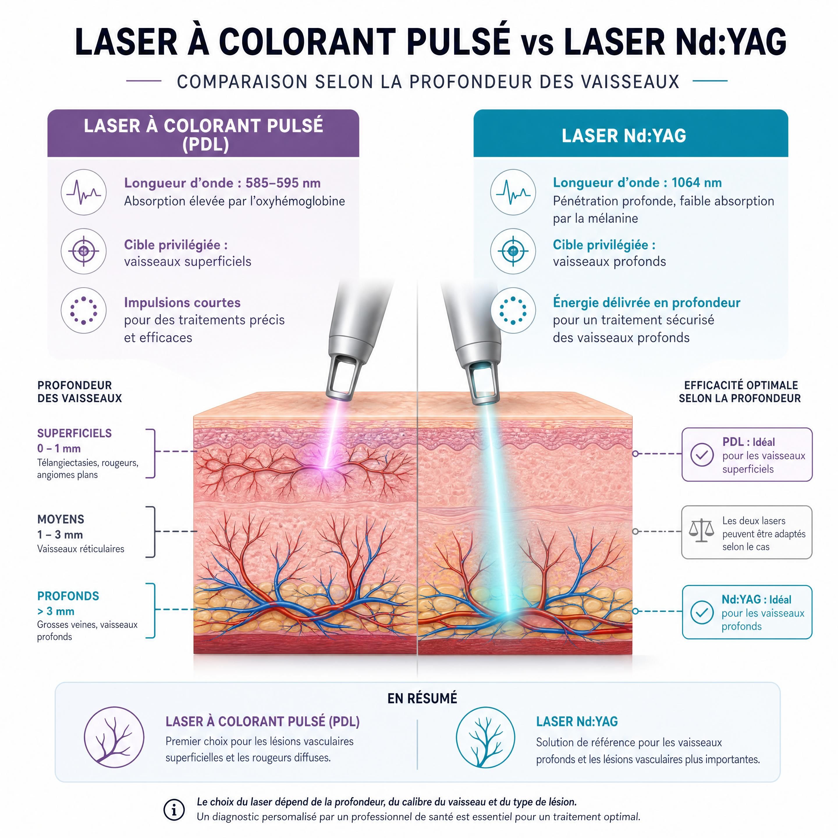 Comparaison illustrée entre laser à colorant pulsé et laser Nd:YAG selon la profondeur des vaisseaux
