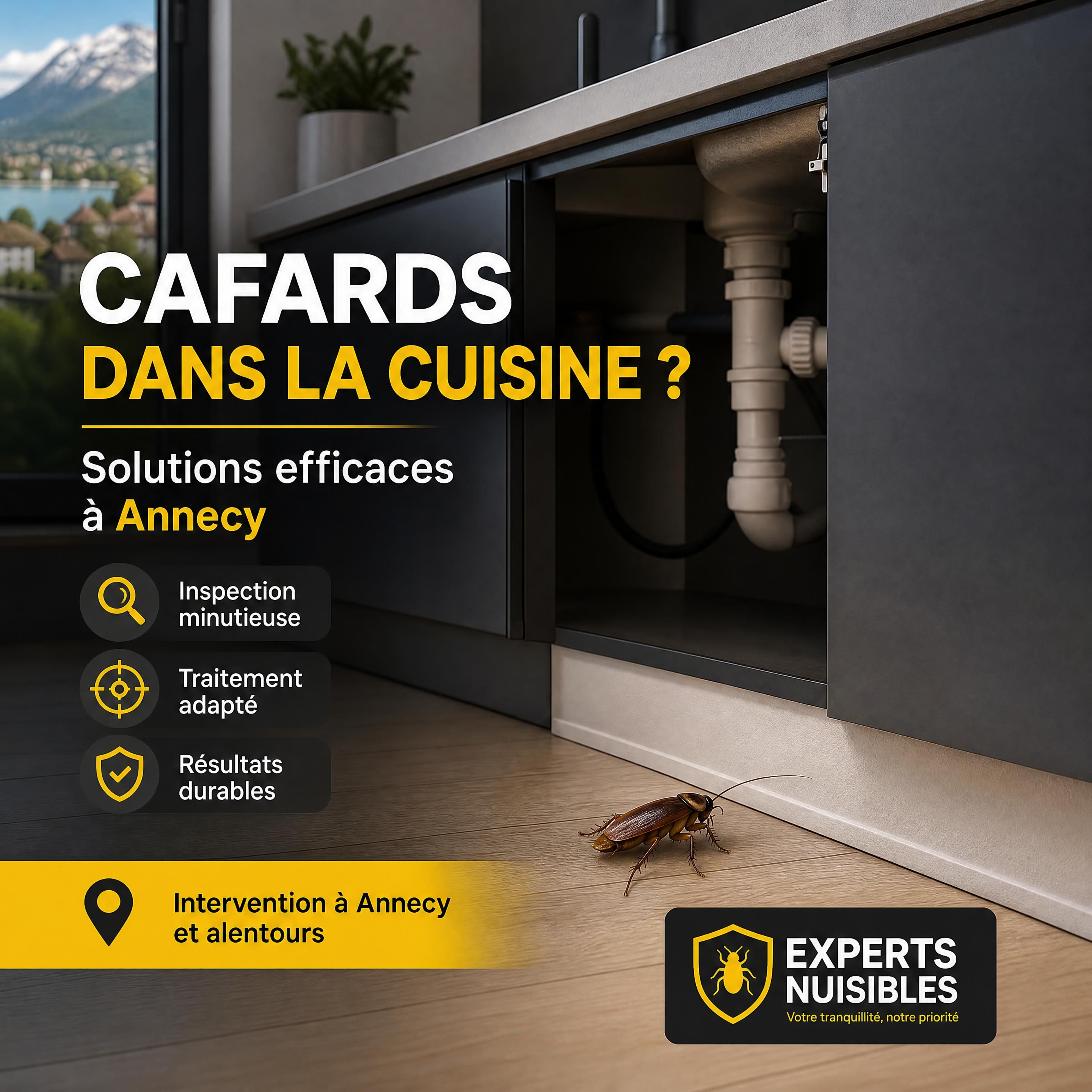 Cafard réaliste près de la plinthe sous un évier dans une cuisine d’appartement à Annecy, ambiance sobre noir anthracite jaune et blanc, sans personne