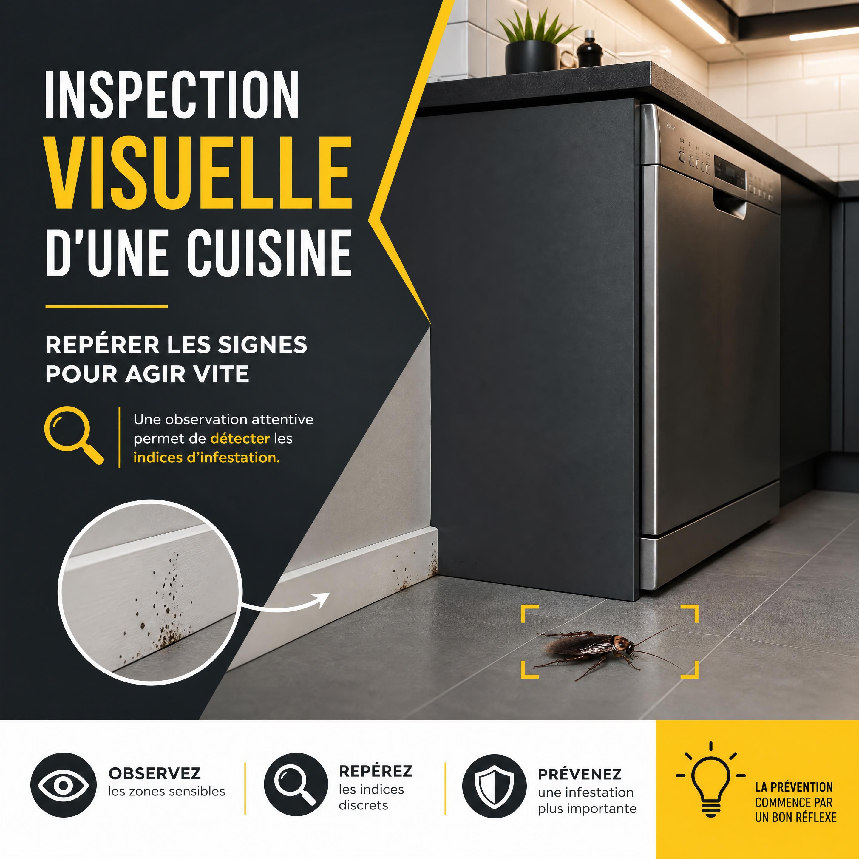 Inspection visuelle d’une cuisine avec cafard réaliste près d’un lave-vaisselle et traces discrètes autour d’une plinthe, sans technicien ni personne, palette noir anthracite jaune et blanc