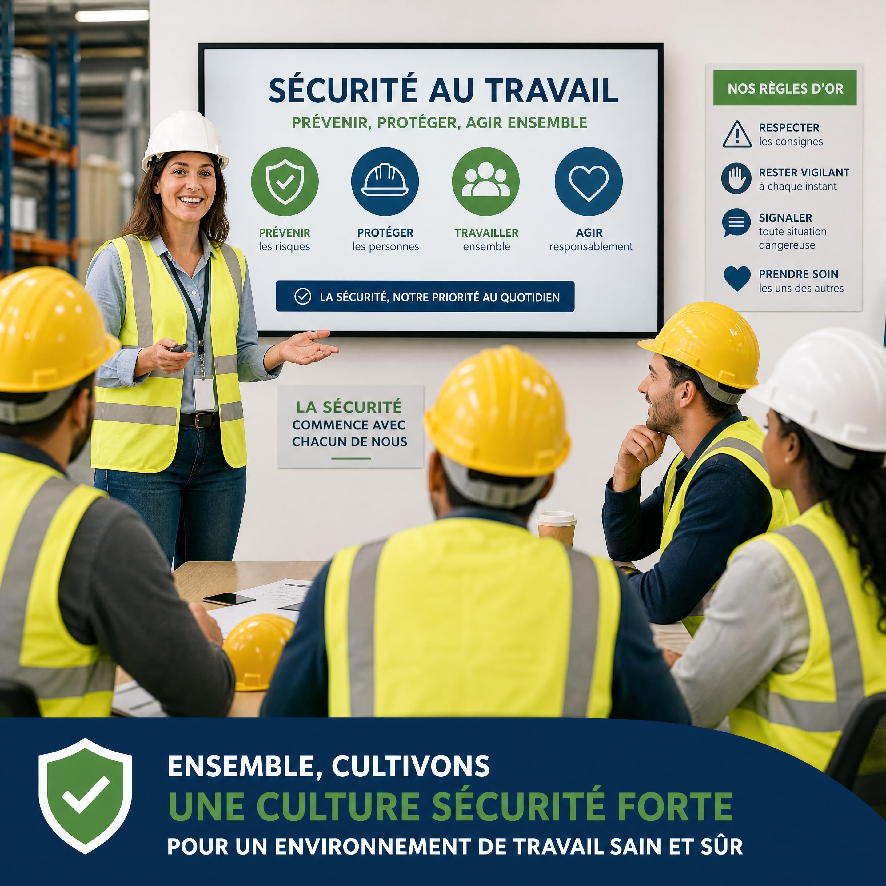 Un groupe de salariés en formation sécurité au travail, souriants et équipés de casques et de gilets de haute visibilité, symbolisant la culture de la sécurité et de la prévention en entreprise.