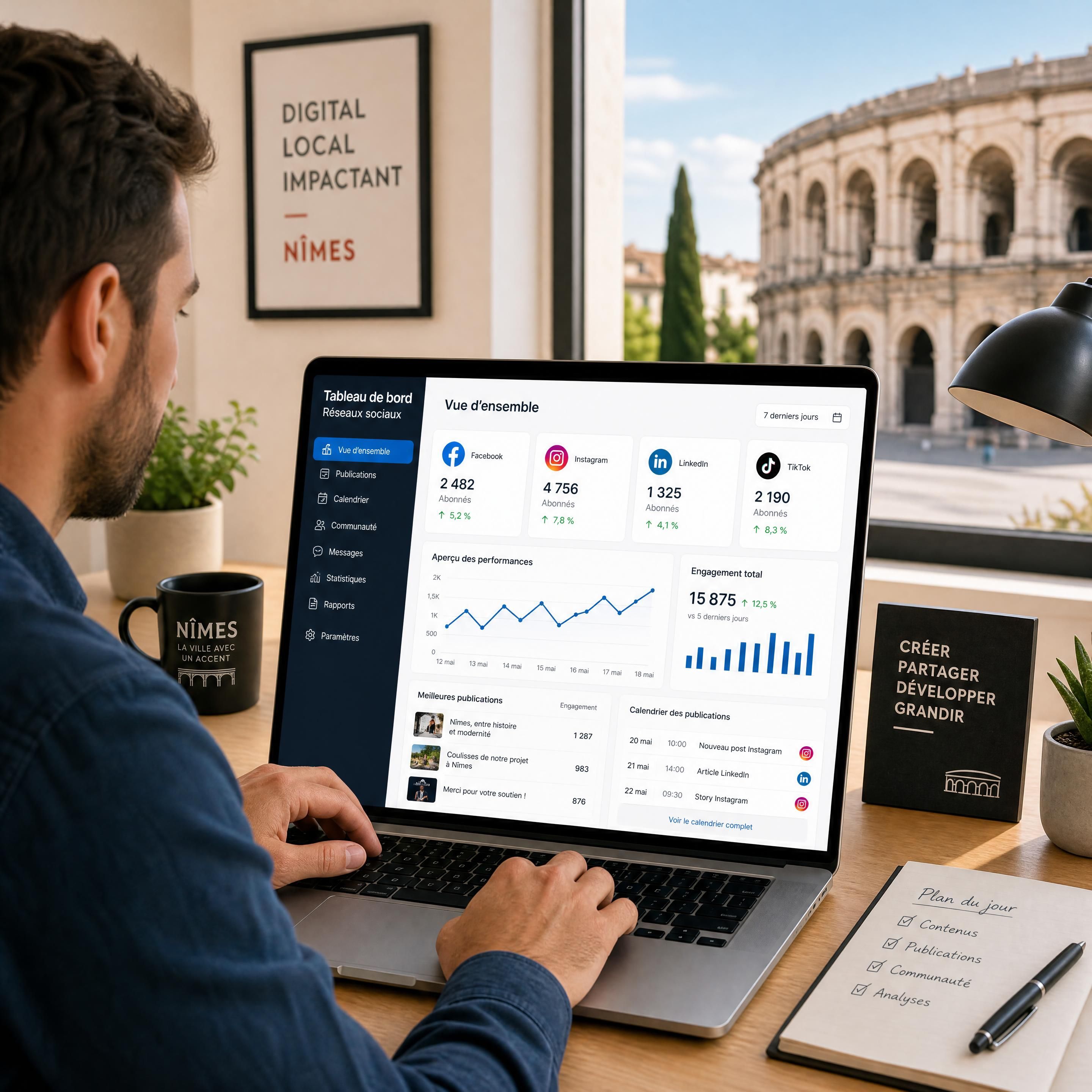 Un entrepreneur travaillant sur son ordinateur avec un tableau de bord de gestion des réseaux sociaux affiché sur l'écran pour illustrer la productivité digitale à Nîmes