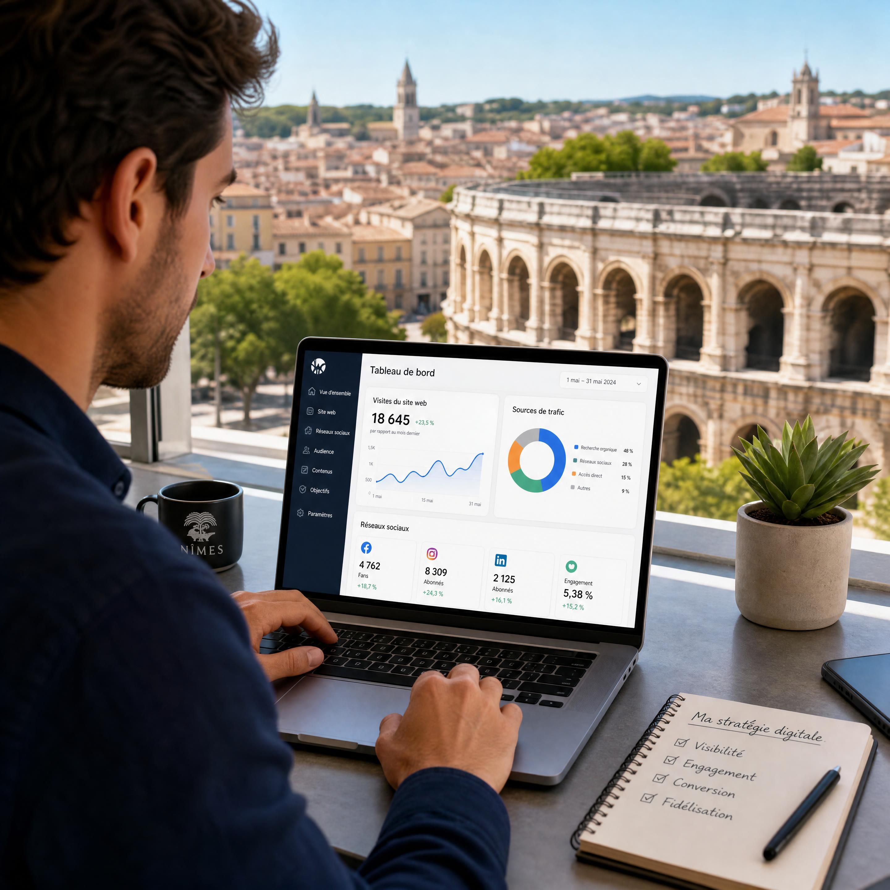 Un entrepreneur nîmois analysant les statistiques de son site internet et de ses réseaux sociaux sur un ordinateur portable devant une vue de Nîmes