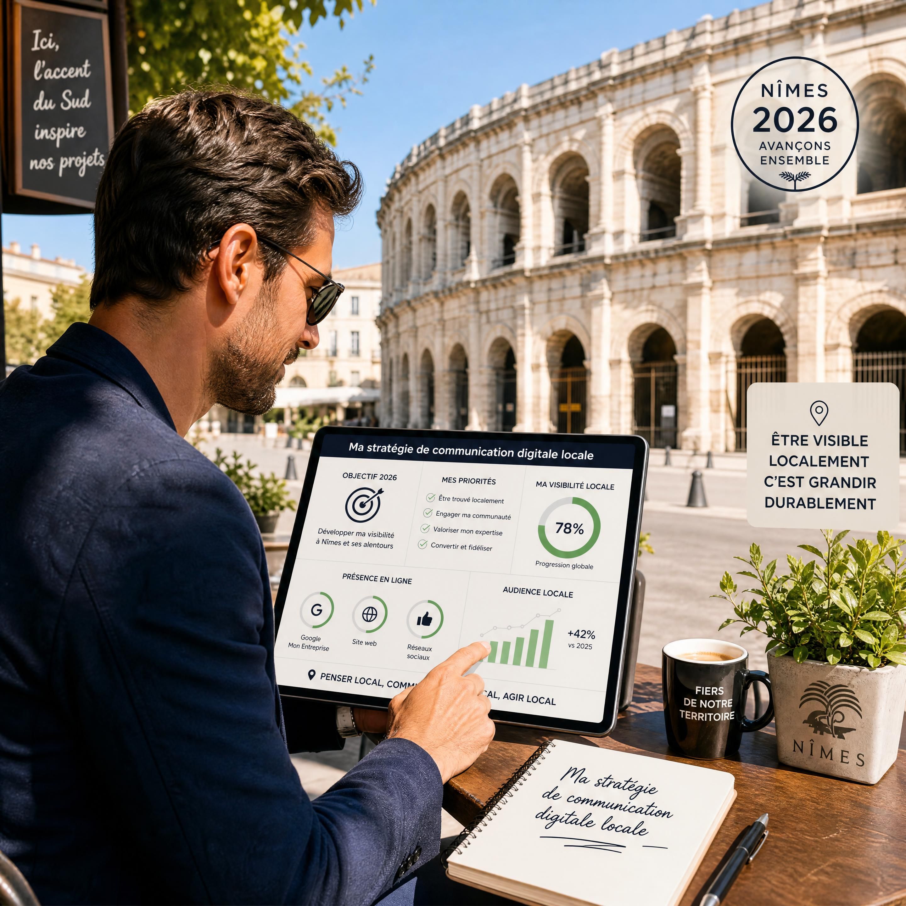 Un entrepreneur nîmois analysant sa stratégie de communication digitale locale sur sa tablette en terrasse devant les Arènes de Nîmes en 2026