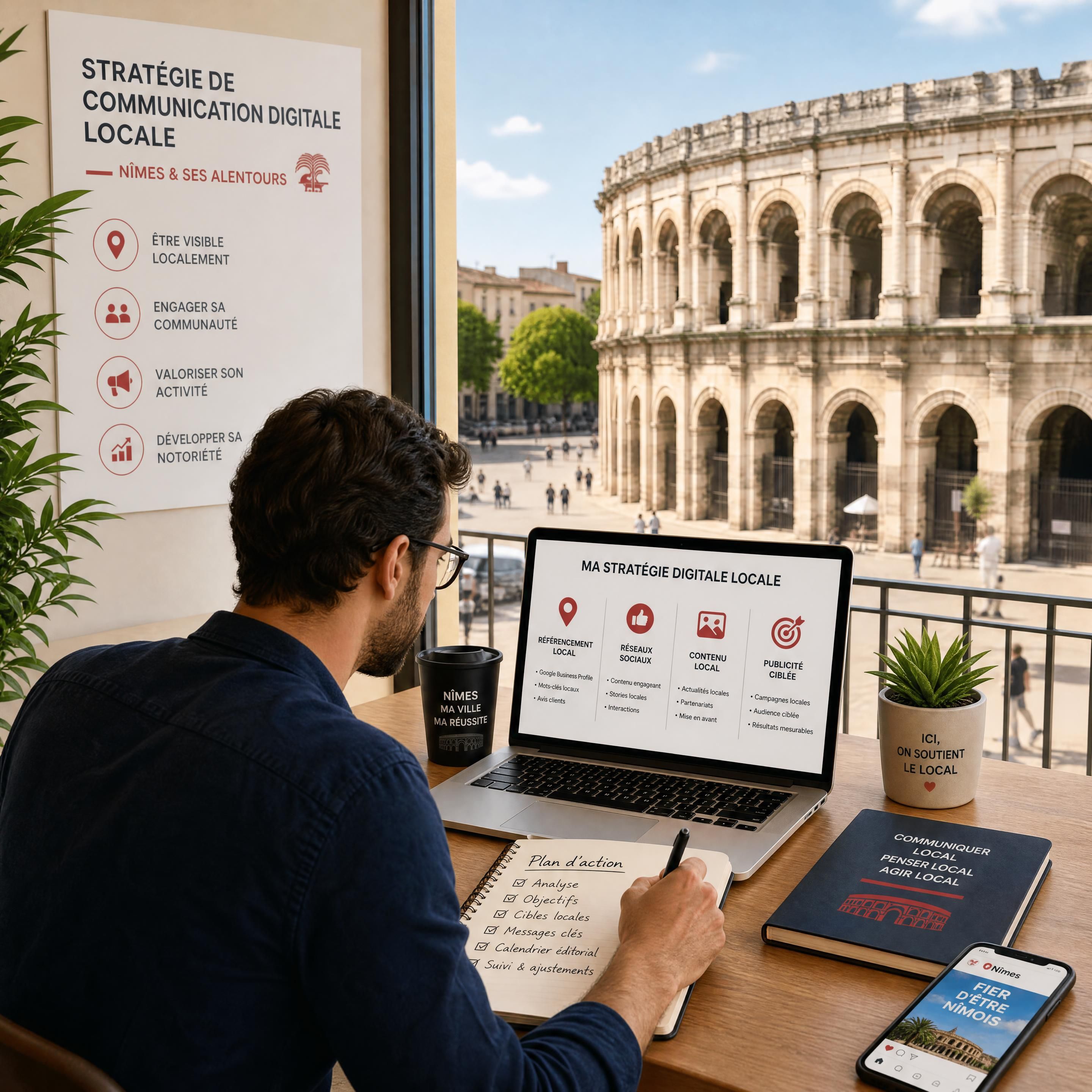 Un entrepreneur nîmois travaillant sur sa stratégie de communication digitale locale avec vue sur les Arènes de Nîmes