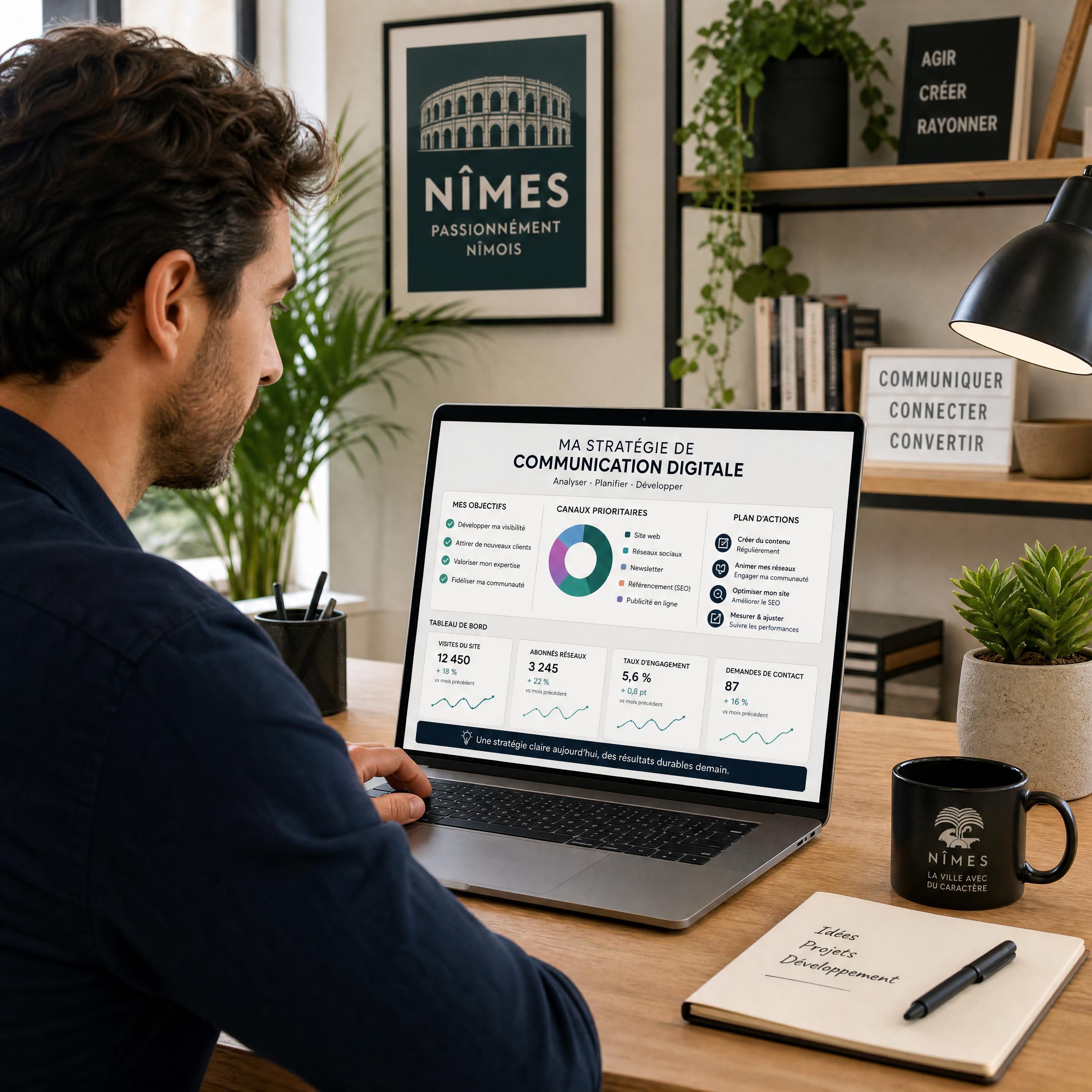 Un entrepreneur nîmois analysant sa stratégie de communication digitale sur son ordinateur portable dans son bureau