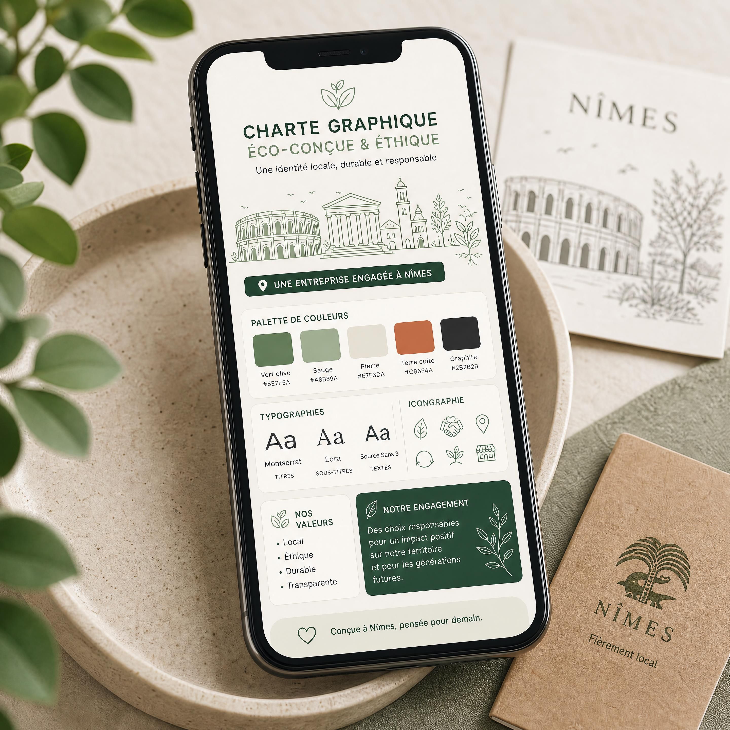 Illustration d'un smartphone affichant une charte graphique éco-conçue et éthique pour une entreprise locale à Nîmes
