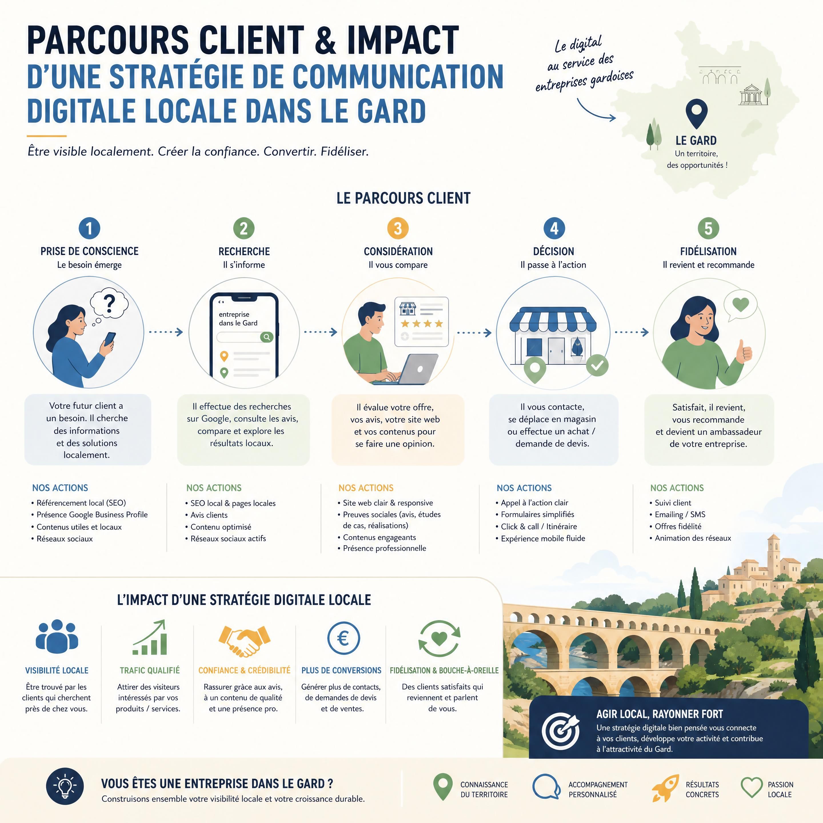 Infographie illustrant le parcours client et l'impact d'une stratégie de communication digitale locale dans le Gard