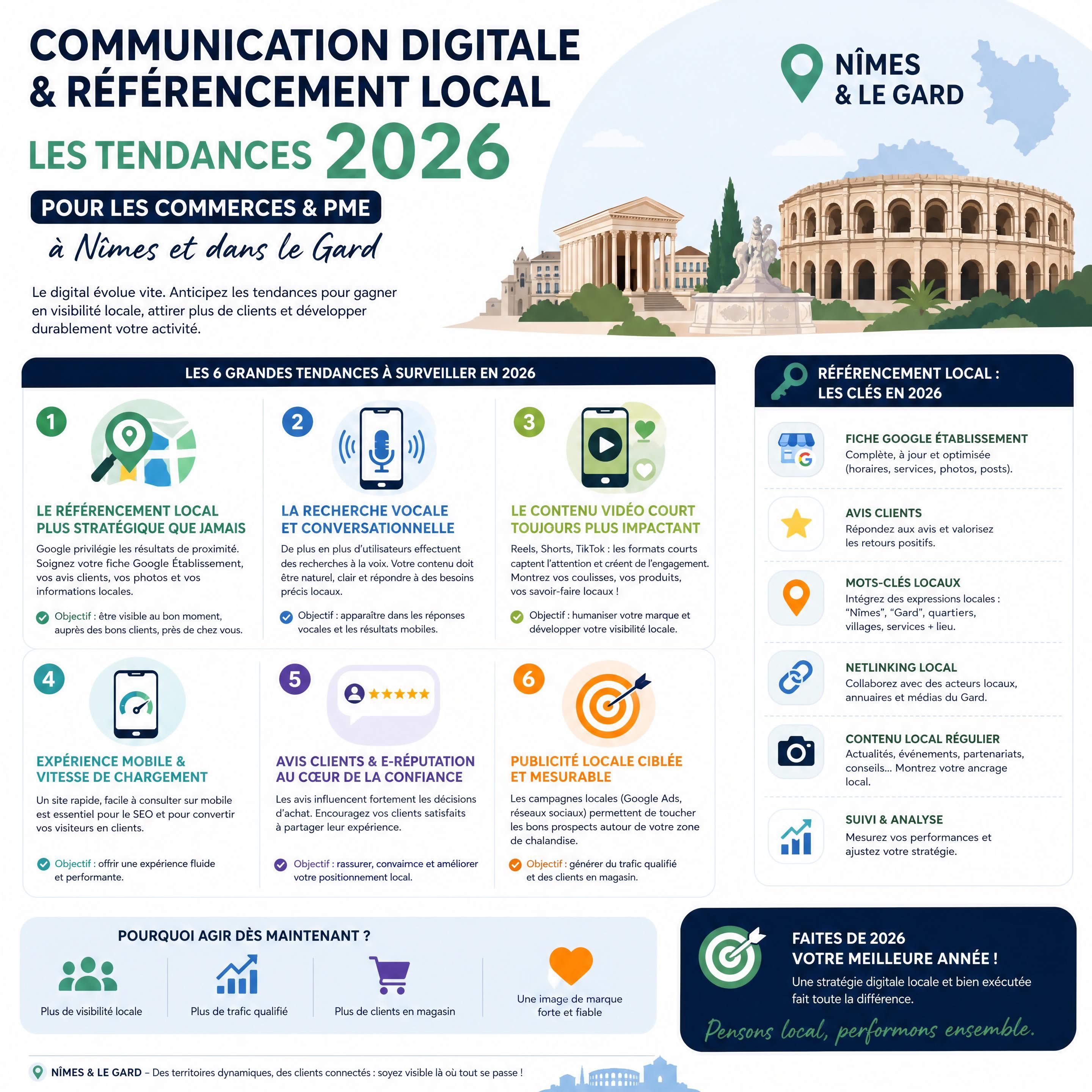 Infographie détaillant les tendances de la communication digitale et du référencement local en 2026 pour les commerces et PME à Nîmes et dans le Gard