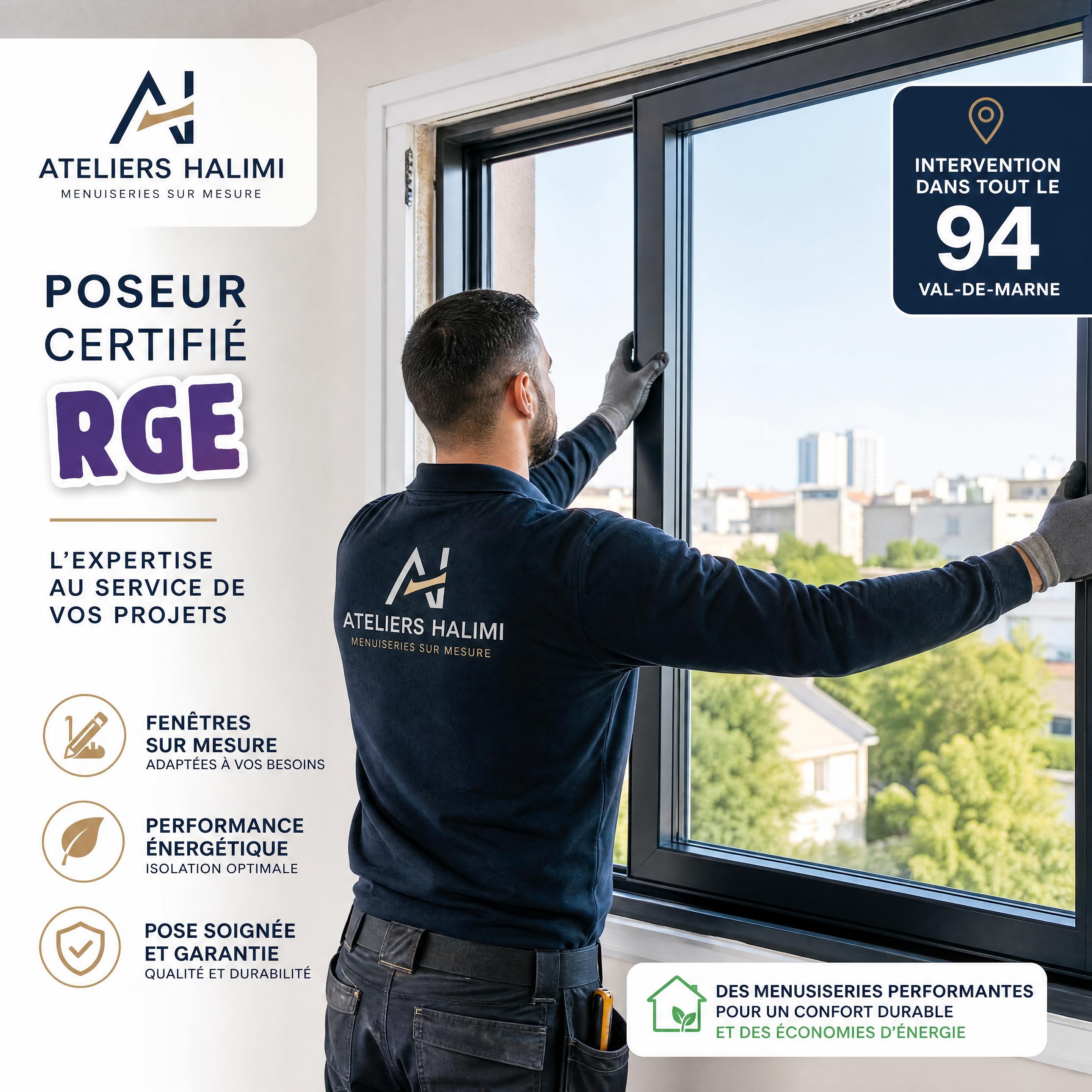Poseur certifi&eacute; RGE d'Ateliers Halimi installant une fen&ecirc;tre sur mesure dans le 94