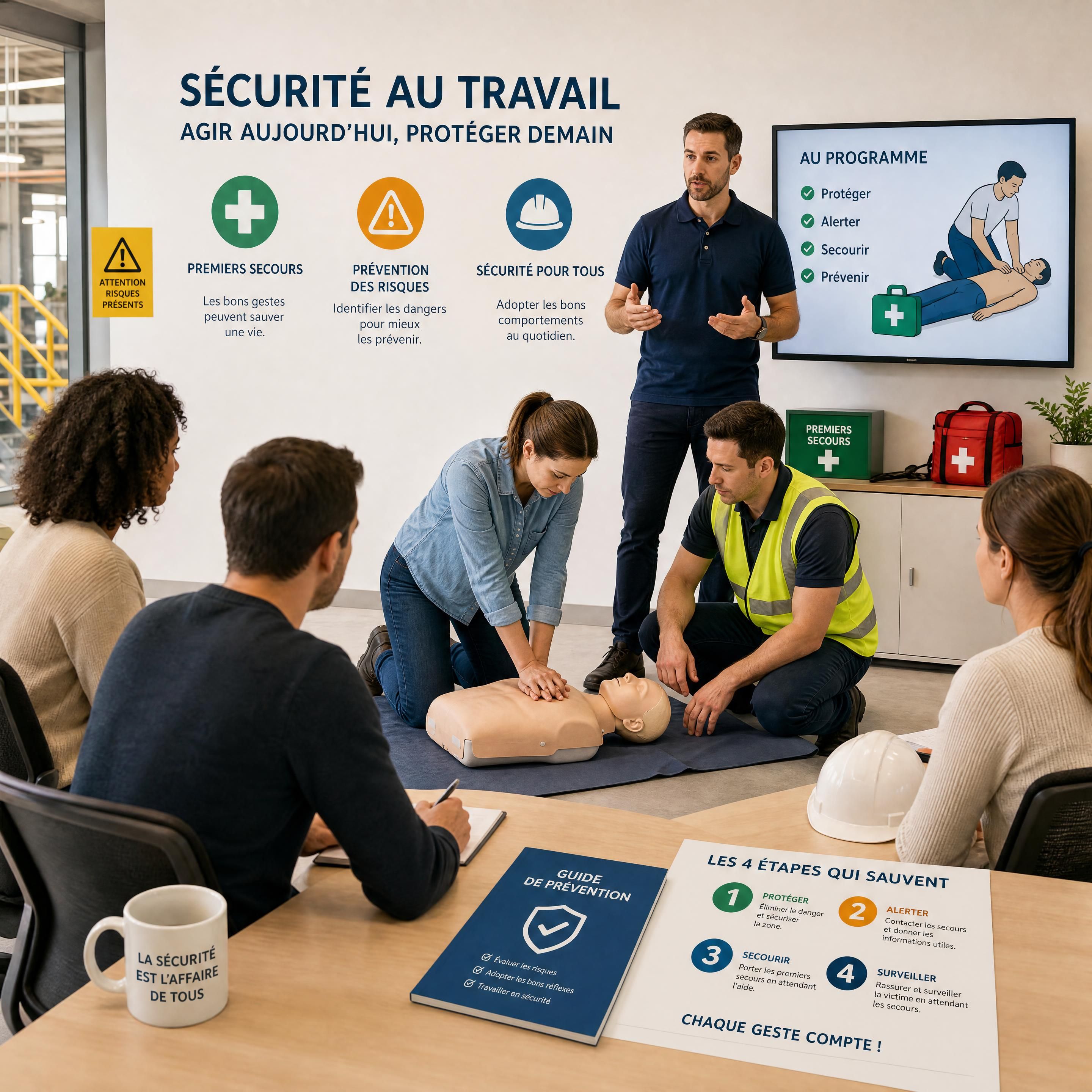 Un groupe de salariés en formation de sécurité au travail apprenant les gestes de premier secours et la prévention des risques dans un cadre d'entreprise moderne et dynamique