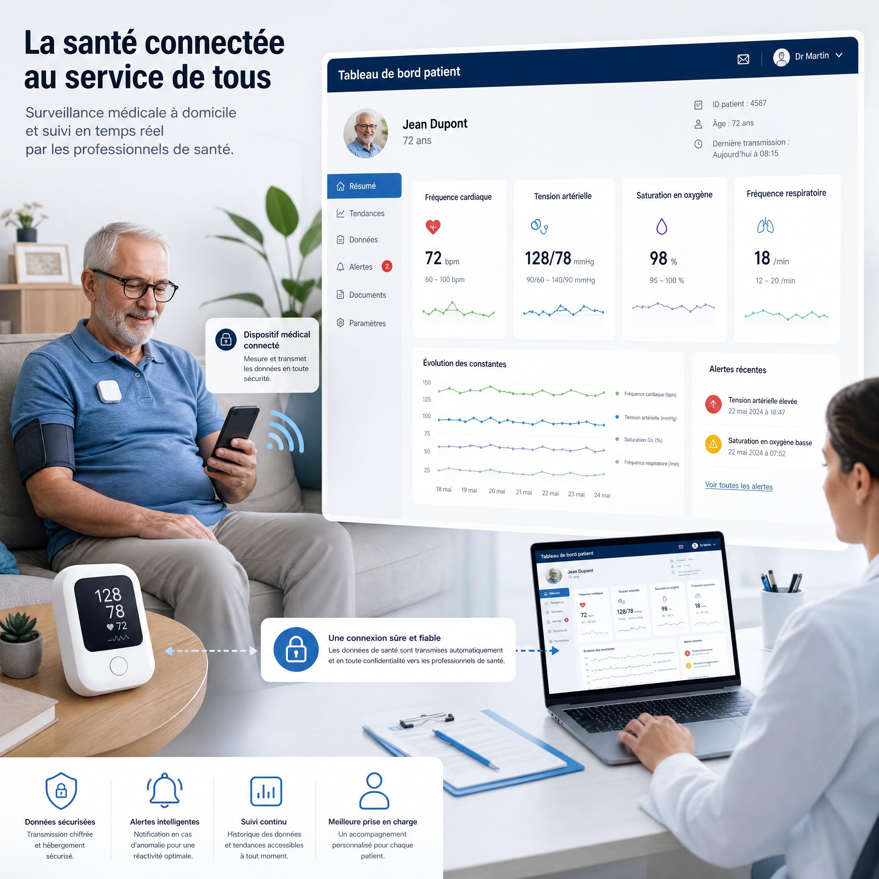 Dispositif médical connecté surveillant les constantes d’un patient à domicile avec interface de suivi pour les professionnels de santé