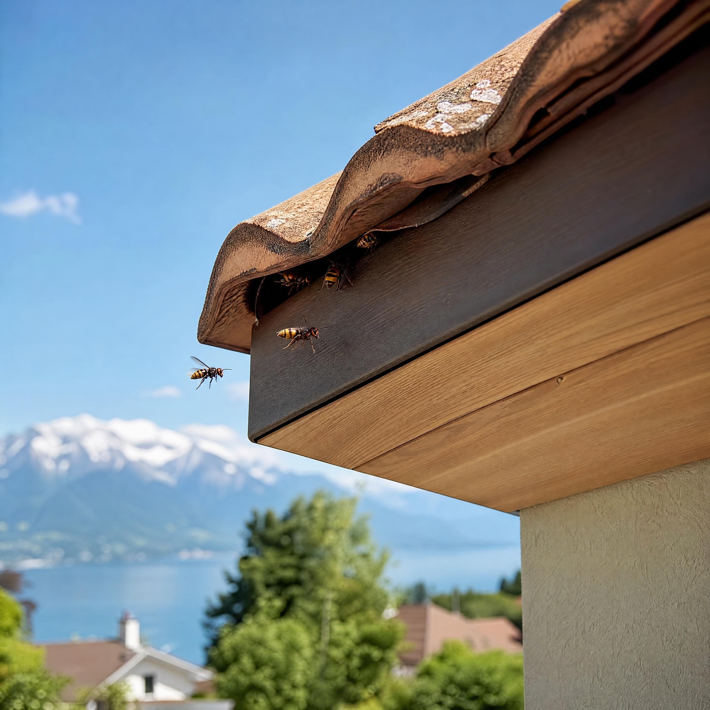 Entrée discrète de frelons asiatiques sous une tuile ou une planche de rive, vue depuis le sol dans une maison du bassin annécien, sans personne ni texte
