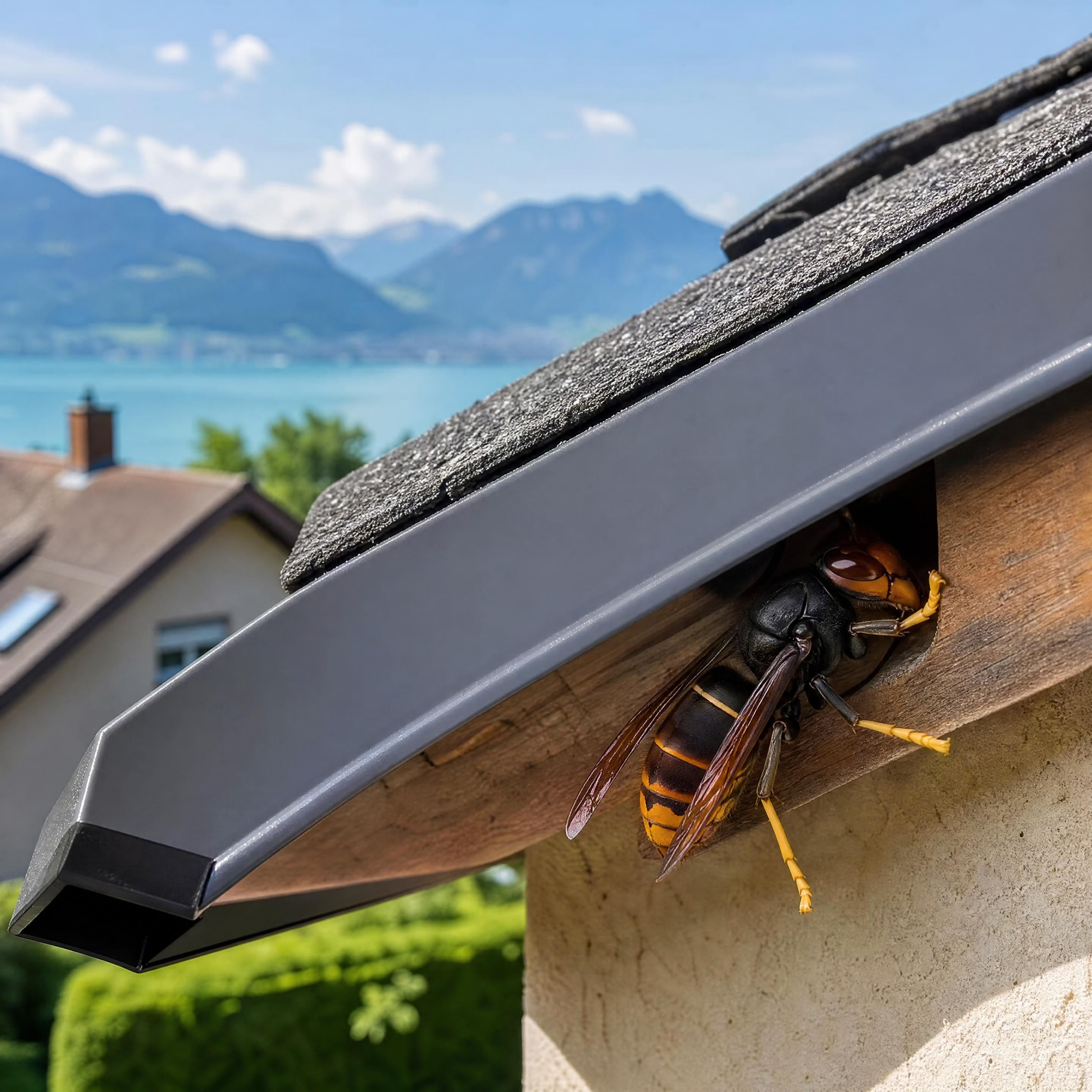 Frelon asiatique à pattes jaunes entrant sous la rive d’une toiture dans un environnement résidentiel près d’Annecy, image réaliste horizontale sans personne ni texte