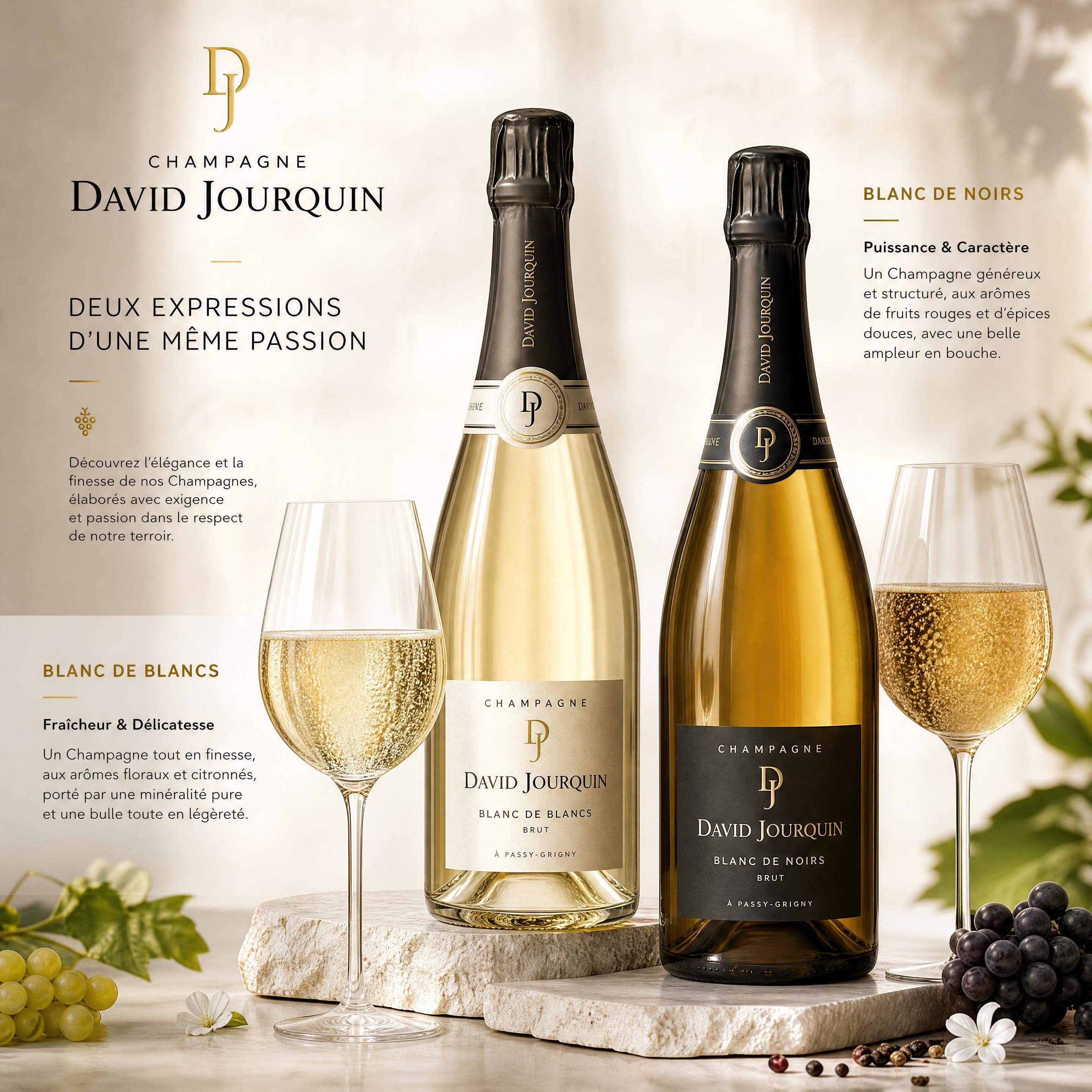 Flacons de Champagne David Jourquin Blanc de Blancs et Blanc de Noirs côte à côte, révélant la finesse de leurs bulles et l'élégance de leurs robes scintillantes or pâle et or intense.